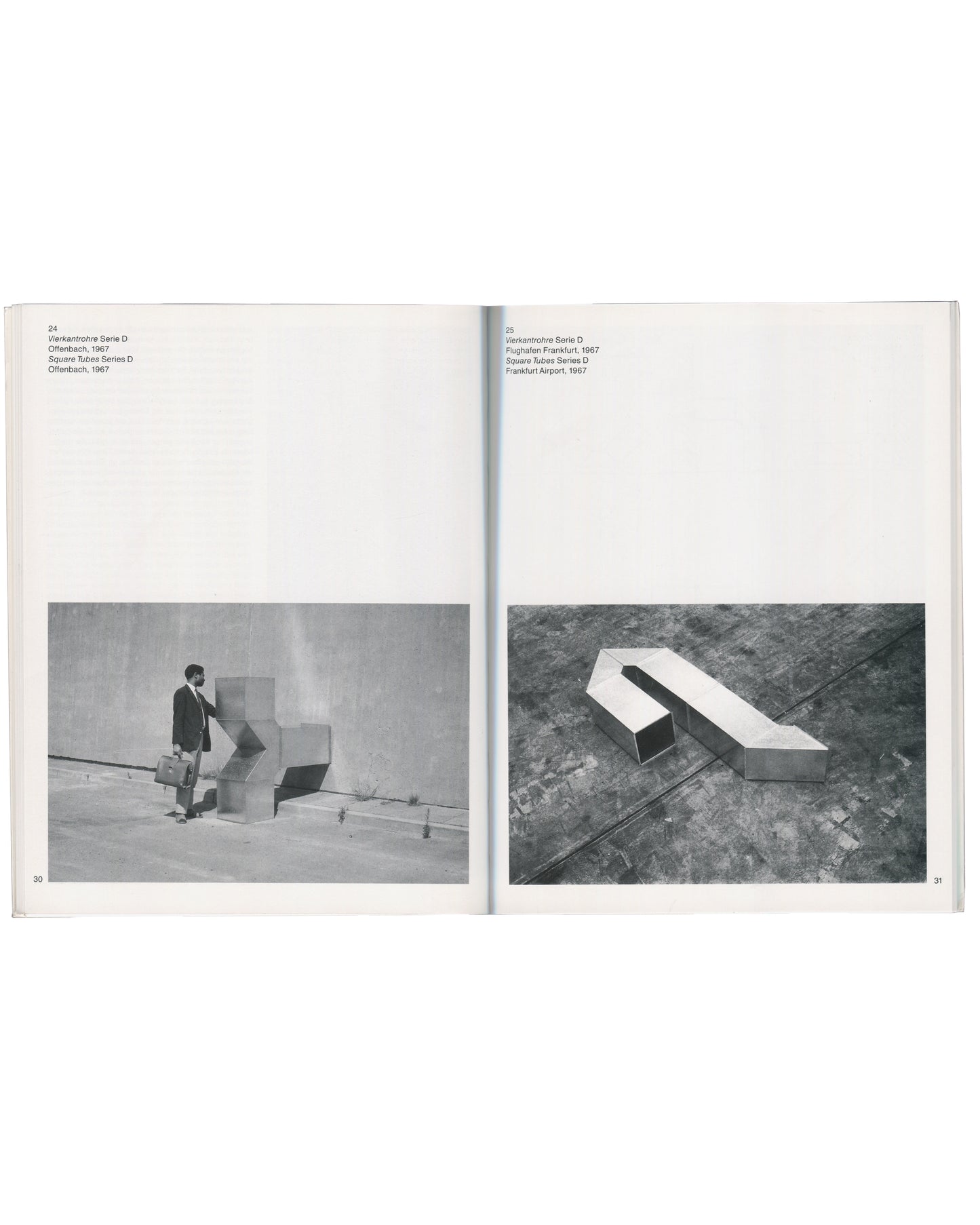 Charlotte Posenenske catalogue pp.30–31: Vierkantrohre Serie D, Offenbach 1967 left; Frankfurt Airport 1967 right, b&w
