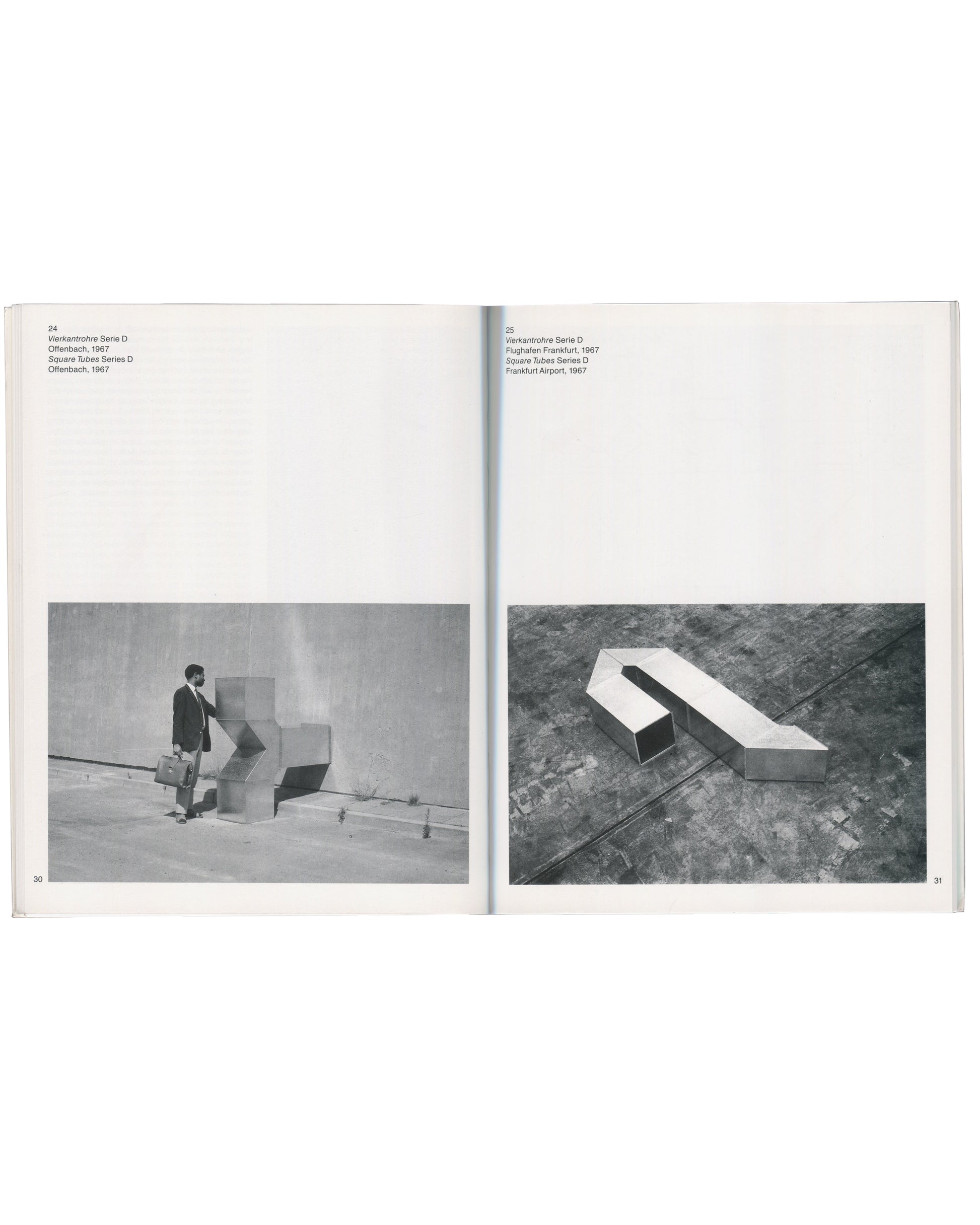 Charlotte Posenenske catalogue pp.30–31: Vierkantrohre Serie D, Offenbach 1967 left; Frankfurt Airport 1967 right, b&w

