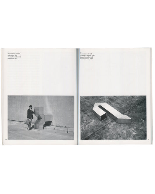 Charlotte Posenenske catalogue pp.30–31: Vierkantrohre Serie D, Offenbach 1967 left; Frankfurt Airport 1967 right, b&w
