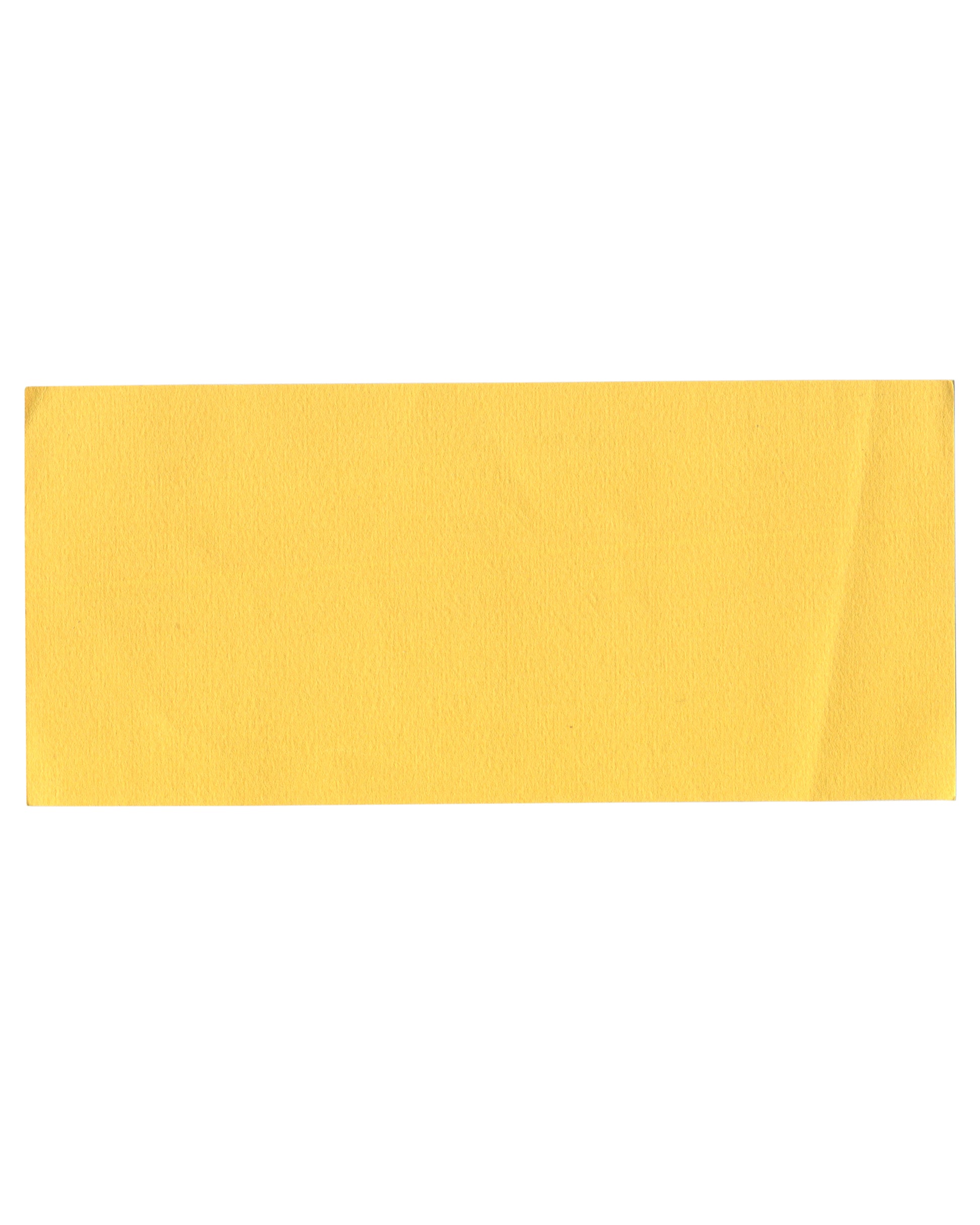 Reverse of 1963 Galerie Knoedler private view invitation for Jacques Prévert, Images, Paris, plain yellow card with no printing, showing light age toning and a diagonal crease at lower right corner.