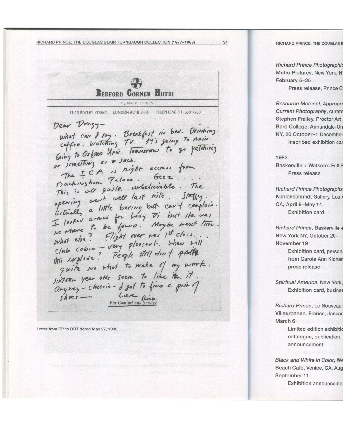Richard Prince: The Douglas Blair Turnbaugh Collection (1977–1988), interior spread pp. 34–35. Left: handwritten letter from Richard Prince to Douglas Blair Turnbaugh, dated May 27, 1983, written on Bedford Corner Hotel letterhead, London WC1B 3HD. Right: partial checklist of exhibition announcements and press releases, 1983. Edward Cella Art & Architecture, Los Angeles, 2016.