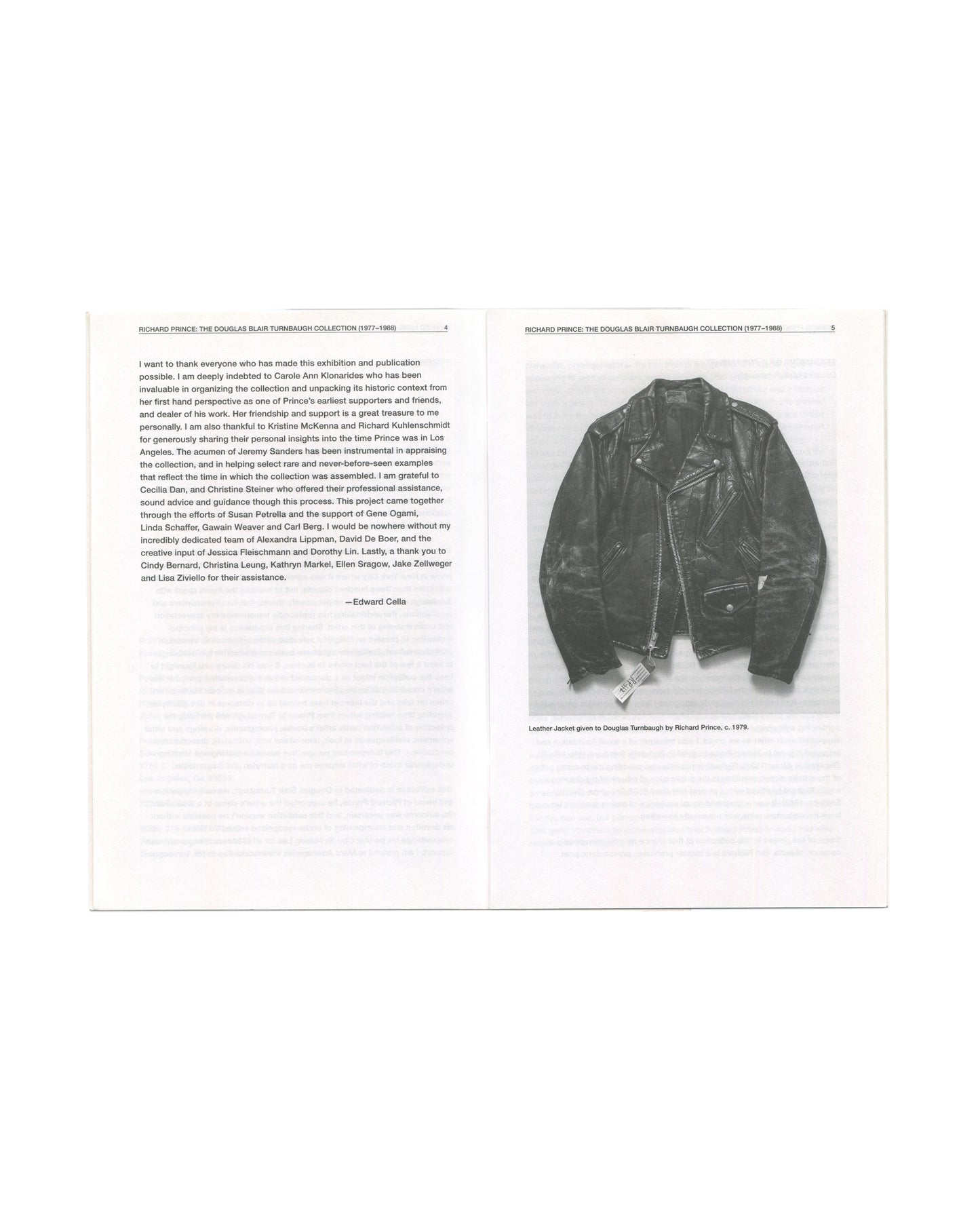 Richard Prince: The Douglas Blair Turnbaugh Collection (1977–1988), interior spread pp. 4–5. Left: acknowledgements text signed by Edward Cella. Right: leather jacket given to Douglas Turnbaugh by Richard Prince, c. 1979. Edward Cella Art & Architecture, Los Angeles, 2016.