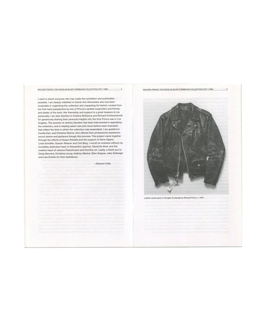 Richard Prince: The Douglas Blair Turnbaugh Collection (1977–1988), interior spread pp. 4–5. Left: acknowledgements text signed by Edward Cella. Right: leather jacket given to Douglas Turnbaugh by Richard Prince, c. 1979. Edward Cella Art & Architecture, Los Angeles, 2016.