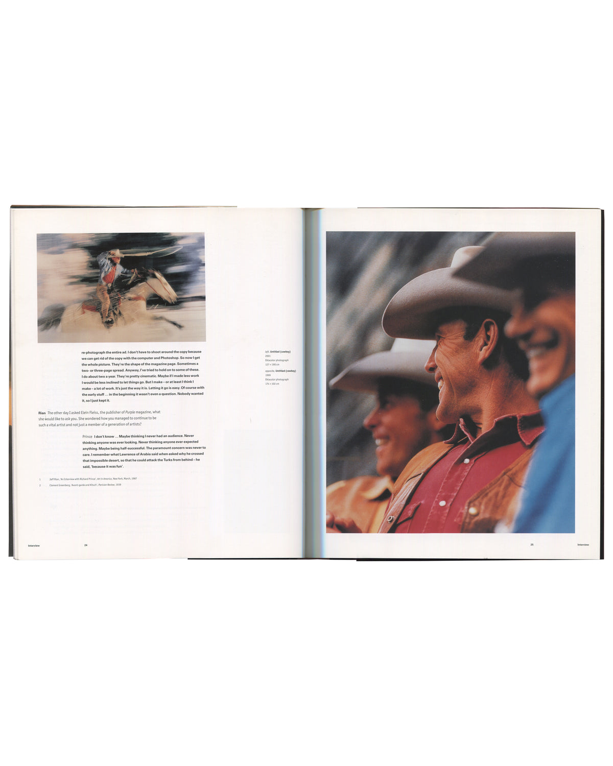 Richard Prince, Phaidon 2003, interior spread, Untitled (Cowboy) 1980 and interview text, rodeo crowd photograph, pp.70–71 