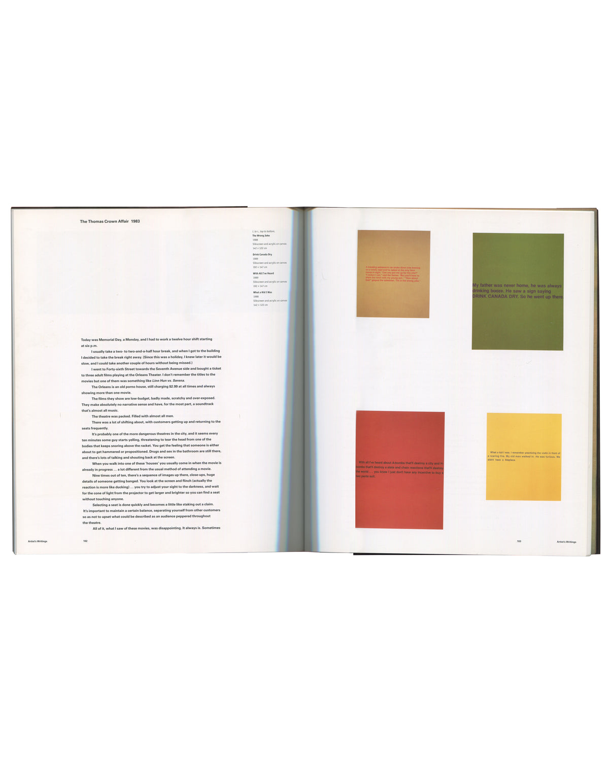 Richard Prince, Phaidon 2003, interior spread, The Thomas Crown Affair 1983 text and four colour monochrome squares, pp.100–101 