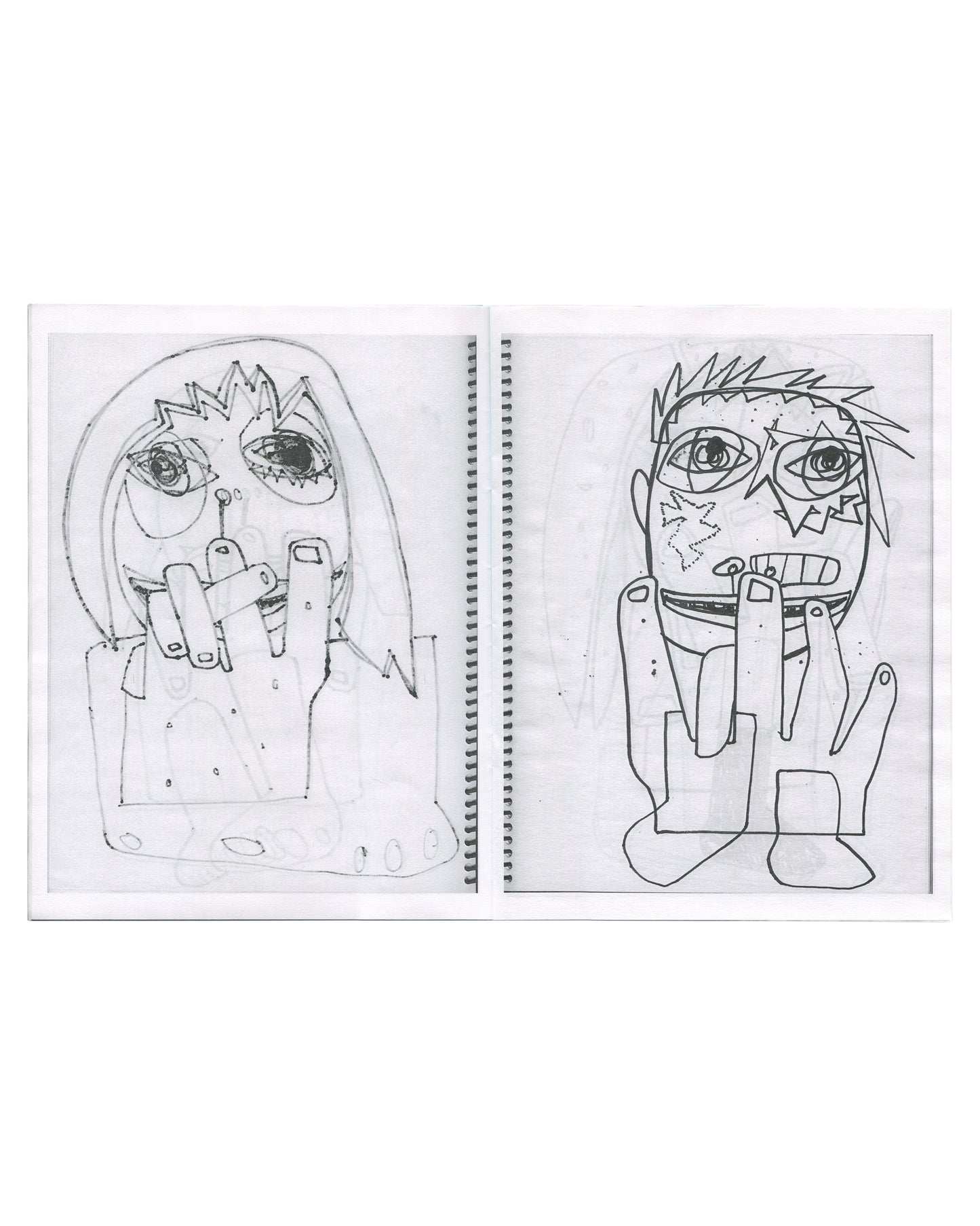 Richard Prince, The Masochist #7, interior spread. RATSTAR / Shoot the Lobster, 2020. Two facing pages of spiral-bound notebook paper. Left page: a figure with long straight hair and a zigzag crown, one large detailed eye with heavy lashes, a small nose with a dangling mark, and a large hand raised to the face; body is blocky with oval marks at the base. Right page: a figure with short spiky hair, wide eyes with star or lightning-bolt marks on the cheeks, an open mouth showing teeth, and a large hand raised