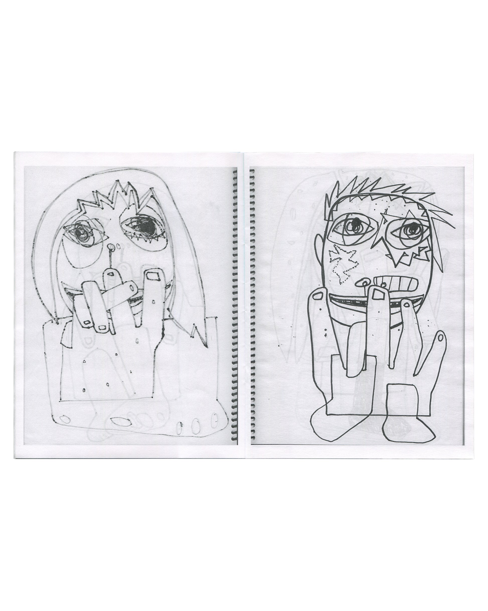 Richard Prince, The Masochist #7, interior spread. RATSTAR / Shoot the Lobster, 2020. Two facing pages of spiral-bound notebook paper. Left page: a figure with long straight hair and a zigzag crown, one large detailed eye with heavy lashes, a small nose with a dangling mark, and a large hand raised to the face; body is blocky with oval marks at the base. Right page: a figure with short spiky hair, wide eyes with star or lightning-bolt marks on the cheeks, an open mouth showing teeth, and a large hand raised