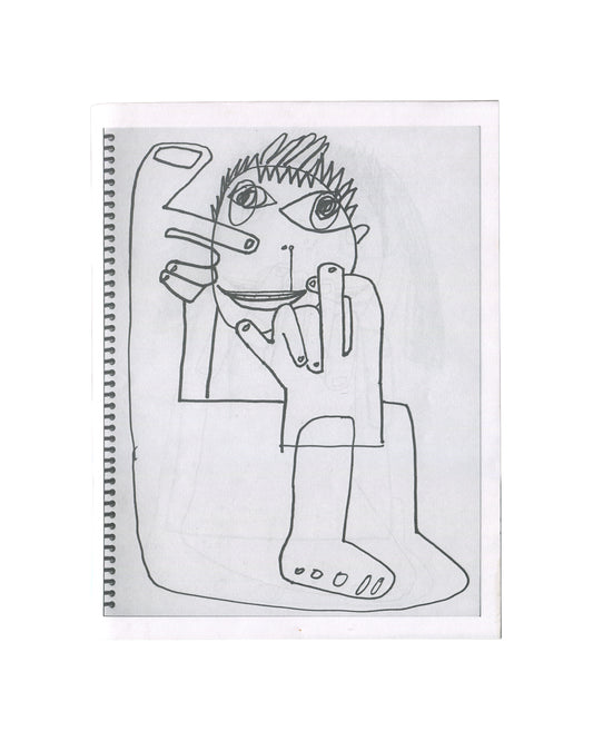 Richard Prince, The Masochist #7, front cover. RATSTAR / Shoot the Lobster, 2020. Staple-bound softcover, 28 × 21 cm. White card cover with a single black-and-white photocopy-style drawing: a large hand with exaggerated fingers dominates the lower half; above it a face with spiky hair, wide eyes with star-burst marks, and a grinning open mouth showing teeth. Cross or star mark between the eyes. Colophon text lower right in small type: 'The Masochist #7 – Richard Prince / Editor at Large – David Rimanelli / 