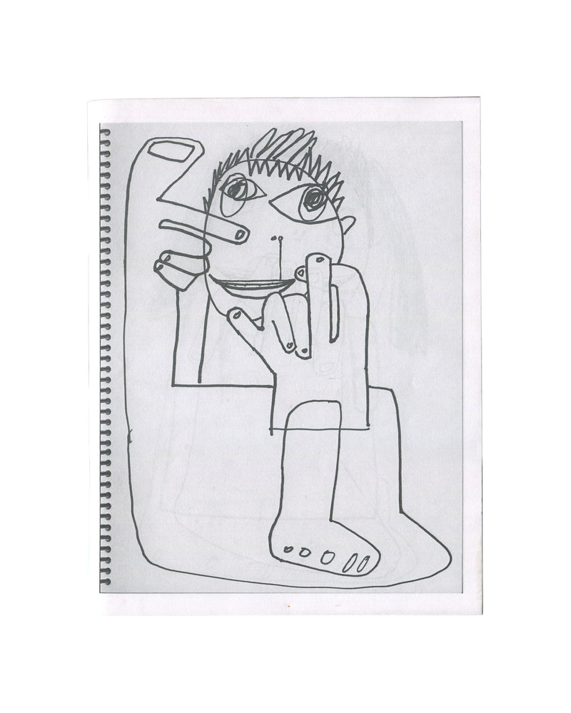 Richard Prince, The Masochist #7, front cover. RATSTAR / Shoot the Lobster, 2020. Staple-bound softcover, 28 × 21 cm. White card cover with a single black-and-white photocopy-style drawing: a large hand with exaggerated fingers dominates the lower half; above it a face with spiky hair, wide eyes with star-burst marks, and a grinning open mouth showing teeth. Cross or star mark between the eyes. Colophon text lower right in small type: 'The Masochist #7 – Richard Prince / Editor at Large – David Rimanelli / 