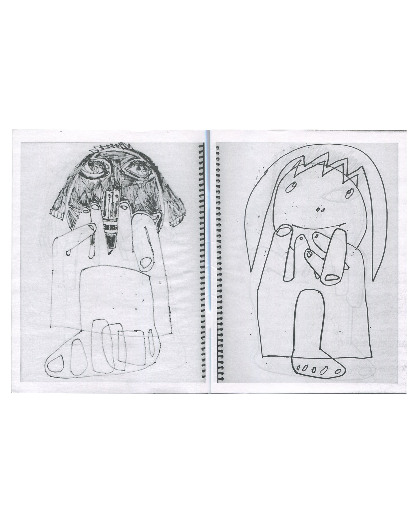 Richard Prince, The Masochist #7, interior spread. RATSTAR / Shoot the Lobster, 2020. Two facing pages of spiral-bound notebook paper. Left page: a heavily shaded figure with dark, densely hatched hair and face, wide staring eyes, a hand raised to the mouth holding a cylindrical object (pen or cigarette), and a blocky body with looping marks at the base. Right page: a lightly drawn figure with spiky crown-like hair, small oval eyes, a simple nose, and a large hand raised to the chest; body is rounded and mi