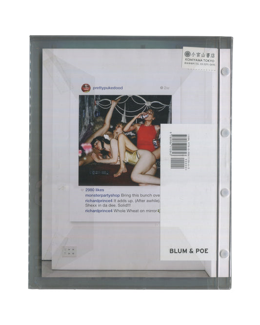 Richard Prince, New Portraits, back cover and interior page visible through acrylic. Blum & Poe, 2016. Transparent acrylic back cover with 'BLUM & POE' in white type lower right and ISBN barcode label affixed centre-right. Interior page visible through cover shows a rephotographed Instagram post by @prettypukedood: colour photograph of three figures at a party, 2,980 likes, with comments from @monsterpartyshop, @richardprince4, and others. Komiyama Tokyo bookseller sticker affixed to upper right of cover.