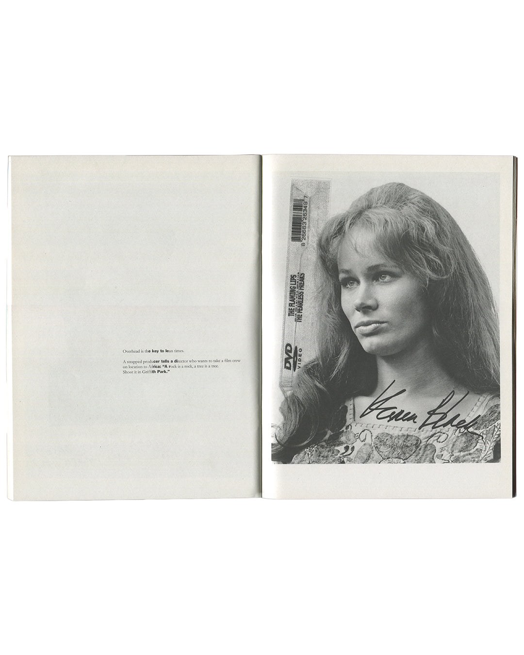 Richard Prince — Purple 20 Years: The Richard Prince Purple Book, interior spread. Left: "Bird Talk" text fragment. Right: signed publicity photograph of Karen Black with DVD barcode for The Flaming Lips' The Fearless Freaks affixed upper right. Purple Institute, Paris, 2012.