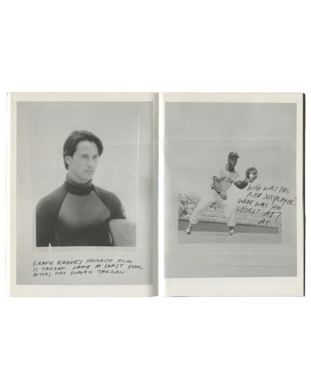 Richard Prince — Purple 20 Years: The Richard Prince Purple Book, interior spread. Left: black-and-white photograph of Keanu Reeves in wetsuit with handwritten caption: "Keanu Reeves favourite film is Tarzan. Name at least four actors who played Tarzan." Right: photograph of Boston Red Sox player with handwritten caption: "Who was this Red Sox player? What was his first at bat?" Purple Institute, Paris, 2012