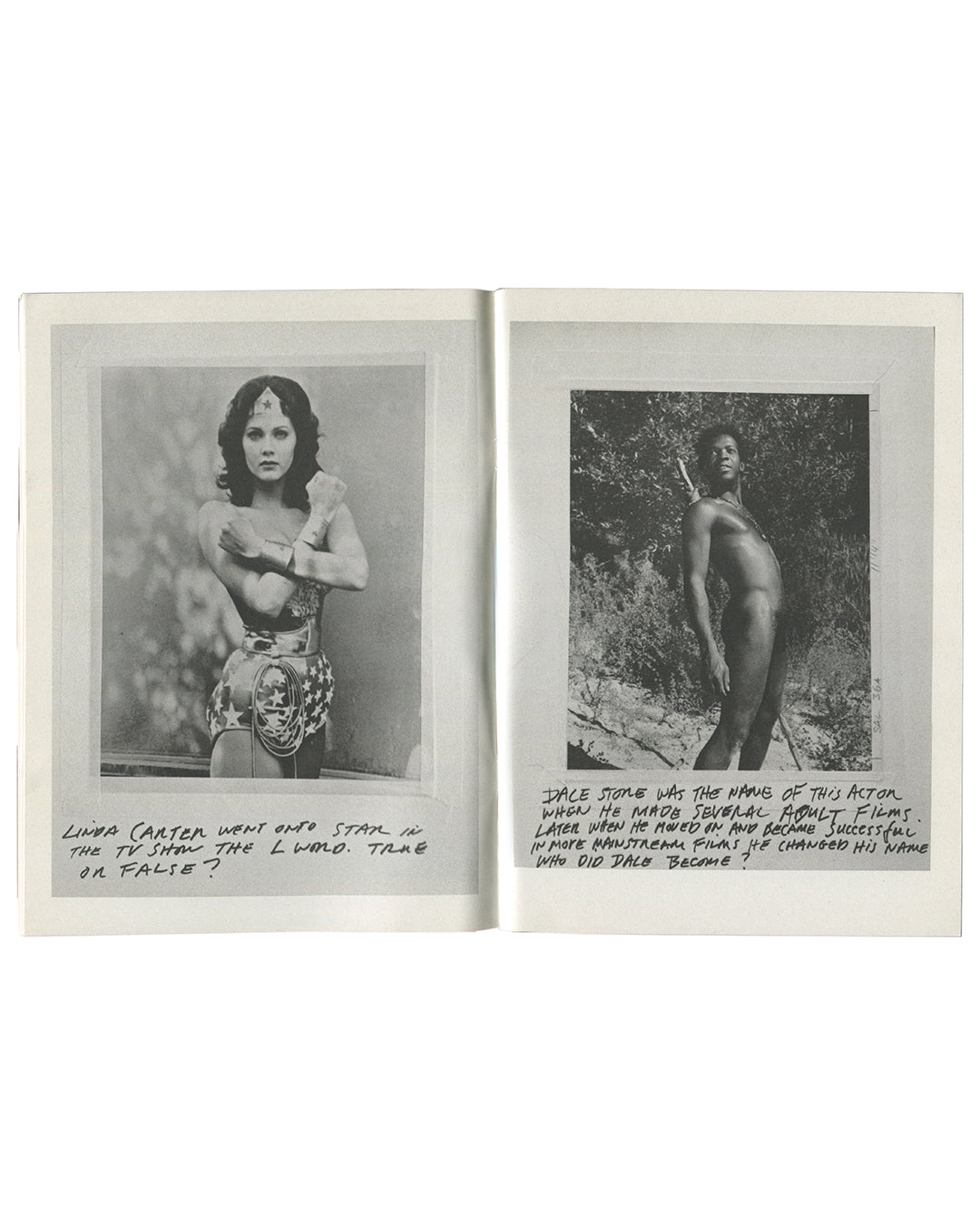 Richard Prince — Purple 20 Years: The Richard Prince Purple Book, interior spread. Left: photograph of Lynda Carter as Wonder Woman with handwritten caption: "Linda Carter went onto star in the TV show The L Word. True or False?" Right: photograph of male figure with handwritten caption referencing Dale Stone and mainstream film career. Purple Institute, Paris, 2012.
