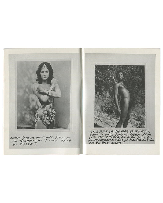 Richard Prince — Purple 20 Years: The Richard Prince Purple Book, interior spread. Left: photograph of Lynda Carter as Wonder Woman with handwritten caption: "Linda Carter went onto star in the TV show The L Word. True or False?" Right: photograph of male figure with handwritten caption referencing Dale Stone and mainstream film career. Purple Institute, Paris, 2012.
