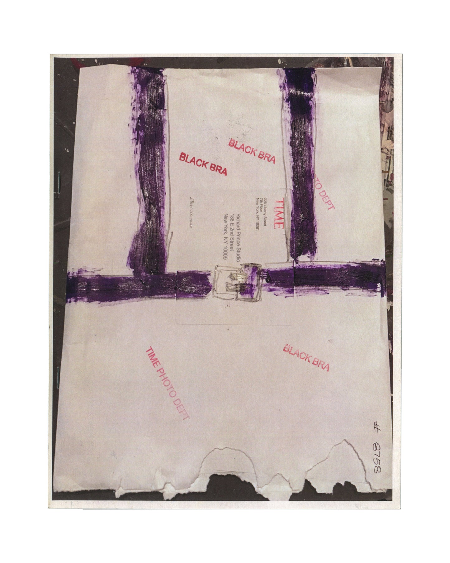 Richard Prince, Joan Katz, Black Bra, Karma 2016, front cover: TIME Photo Dept envelope, BLACK BRA stamped in red, purple paint strokes
I