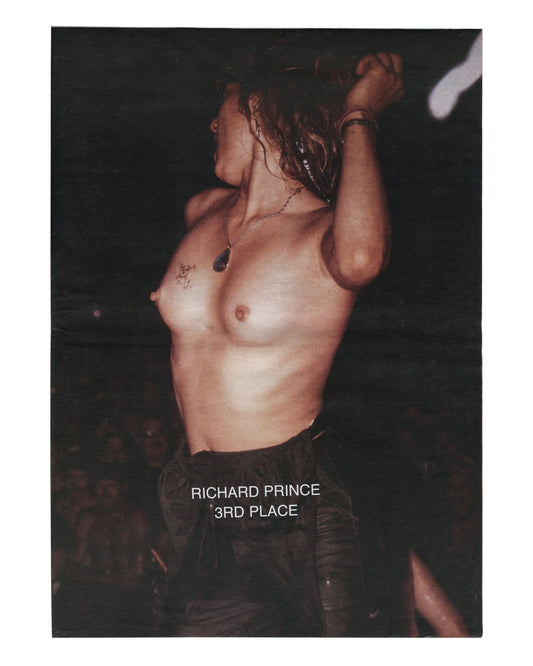 Cover panel, Richard Prince, 3rd Place, Point d'Ironie no. 39, Agnès b. / Point d'Ironie, Paris, April 2006. Colour photograph — topless woman with arms raised, dark background, chain necklace with pendant, tattoo on chest; warm stage lighting. White sans-serif text centred lower third: 'RICHARD PRINCE' / '3RD PLACE'. Fold lines and light handling marks as issued.

