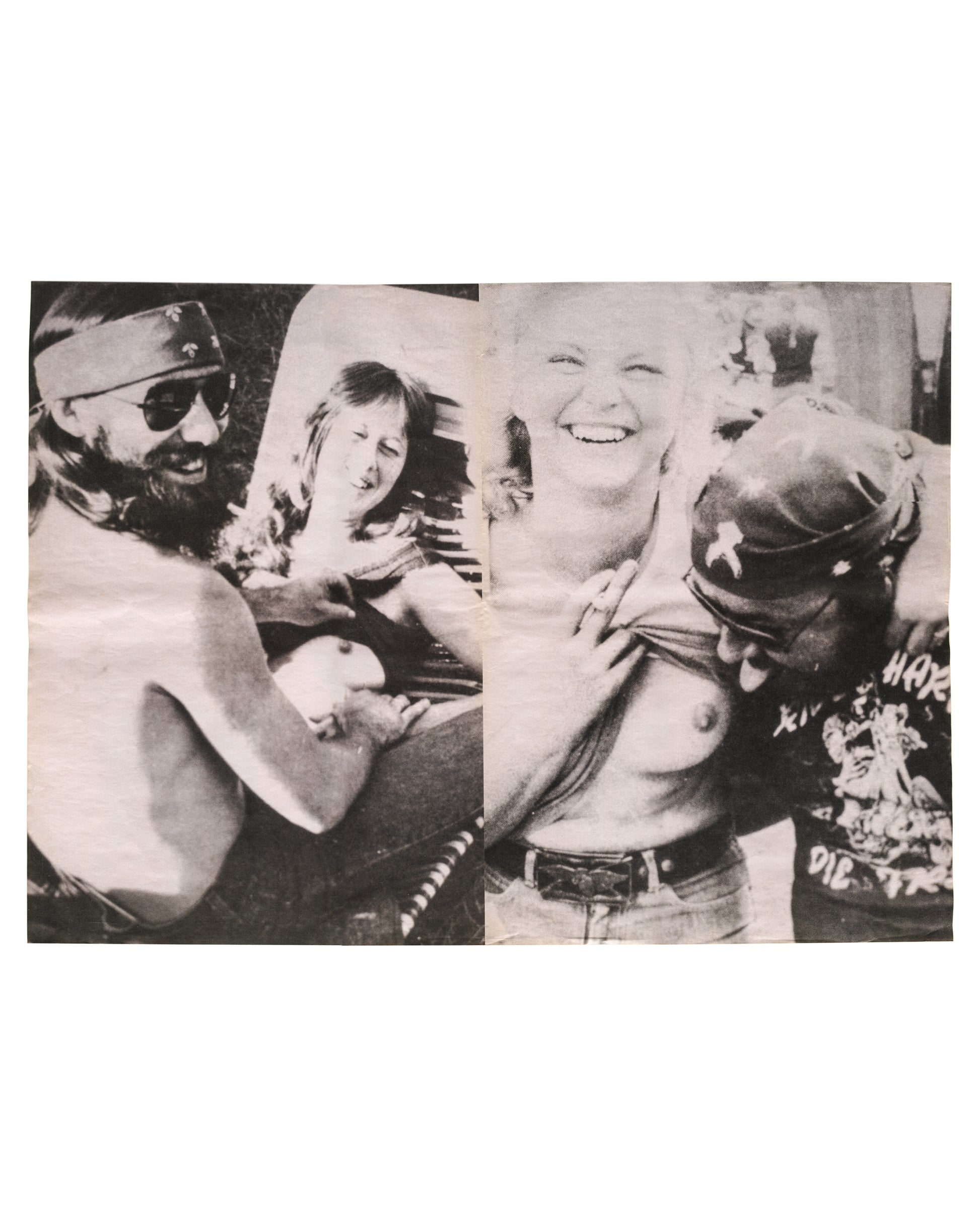 Interior spread, Richard Prince, 3rd Place, Point d'Ironie no. 39, Agnès b. / Point d'Ironie, Paris, April 2006. Two black-and-white photographs side by side. Left: bearded man in cap and sunglasses with topless woman on motorcycle, laughing; outdoor setting. Right: laughing topless woman with man in motorcycle helmet and 'Harley' vest; text on vest partially legible 'LIVE TO RIDE / DIE...'. Fold lines visible as issued.