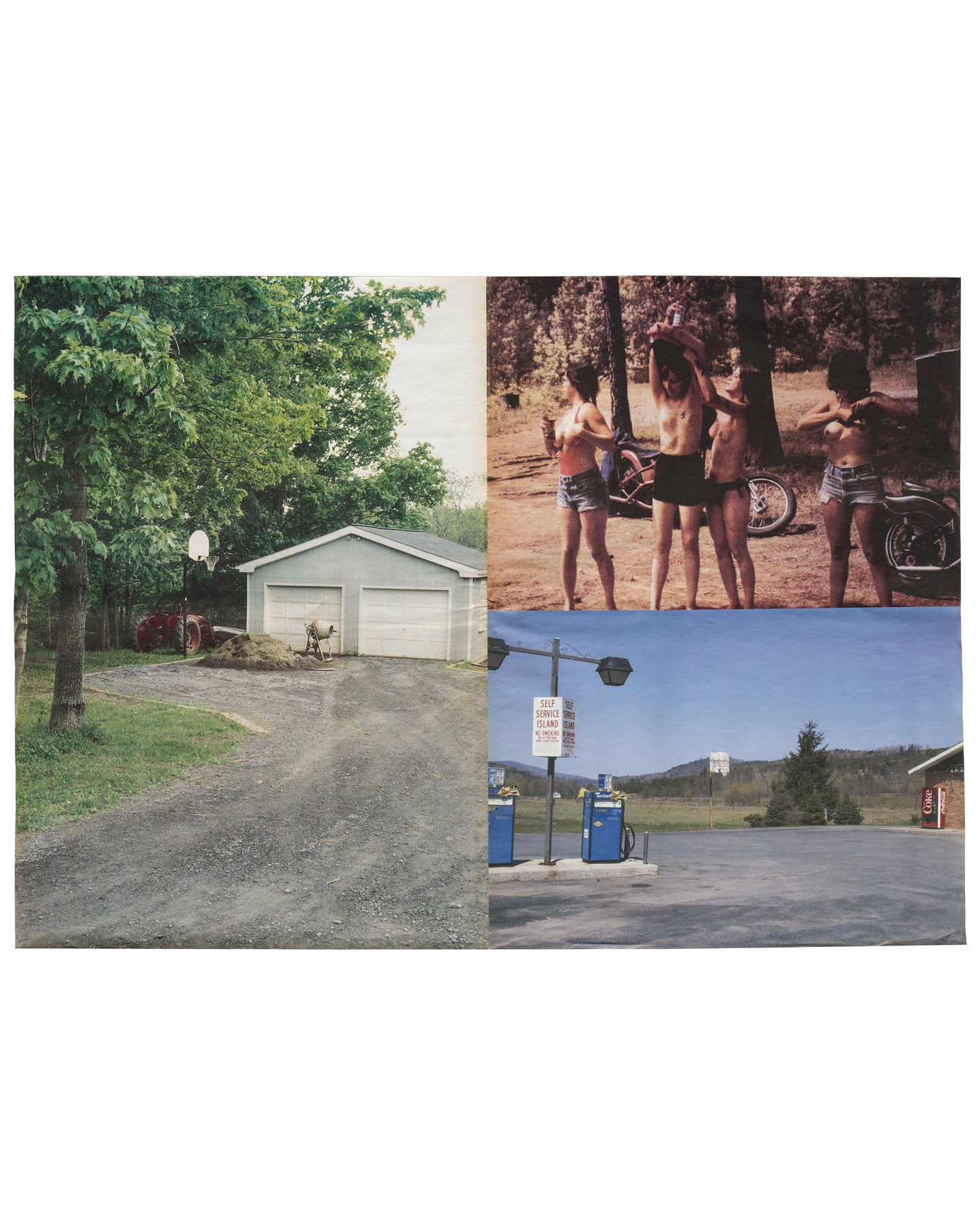 Interior spread, Richard Prince, 3rd Place, Point d'Ironie no. 39, Agnès b. / Point d'Ironie, Paris, April 2006. Three colour photographs. Left: rural American property — double garage, gravel drive, large tree, satellite dish, summer foliage. Top right: three topless women with motorcycles in pine forest, warm light. Bottom right: empty rural petrol station, blue pumps, 'Self Service Island' sign, mountains in background.