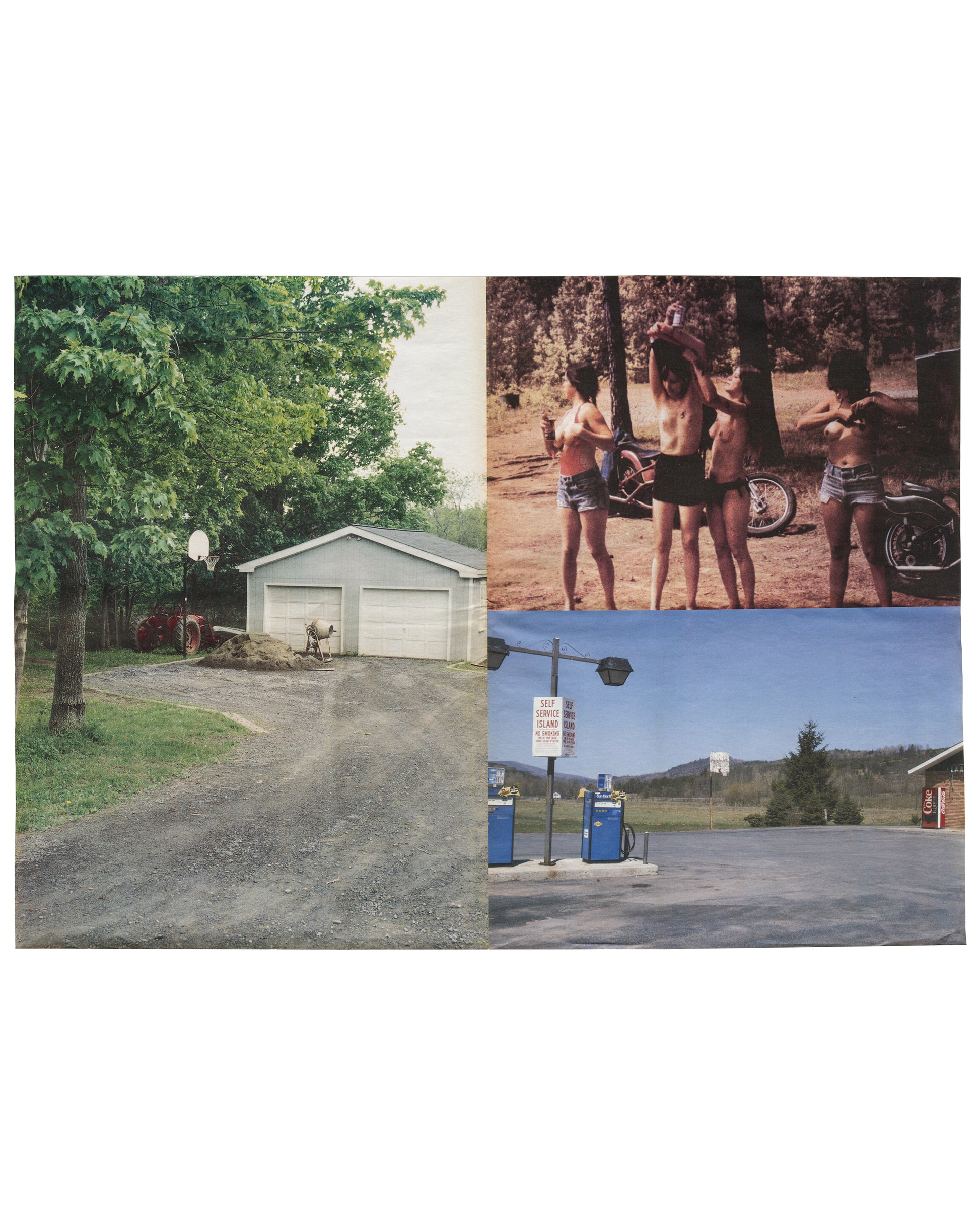 Interior spread, Richard Prince, 3rd Place, Point d'Ironie no. 39, Agnès b. / Point d'Ironie, Paris, April 2006. Three colour photographs. Left: rural American property — double garage, gravel drive, large tree, satellite dish, summer foliage. Top right: three topless women with motorcycles in pine forest, warm light. Bottom right: empty rural petrol station, blue pumps, 'Self Service Island' sign, mountains in background.