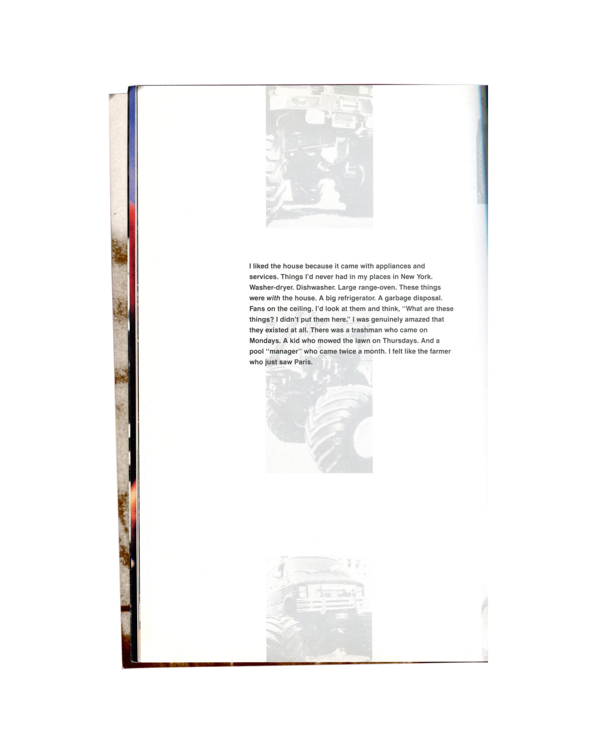 Richard Prince 1988, interior: prose text on appliances and LA house life; three faded custom van photographs, vertical