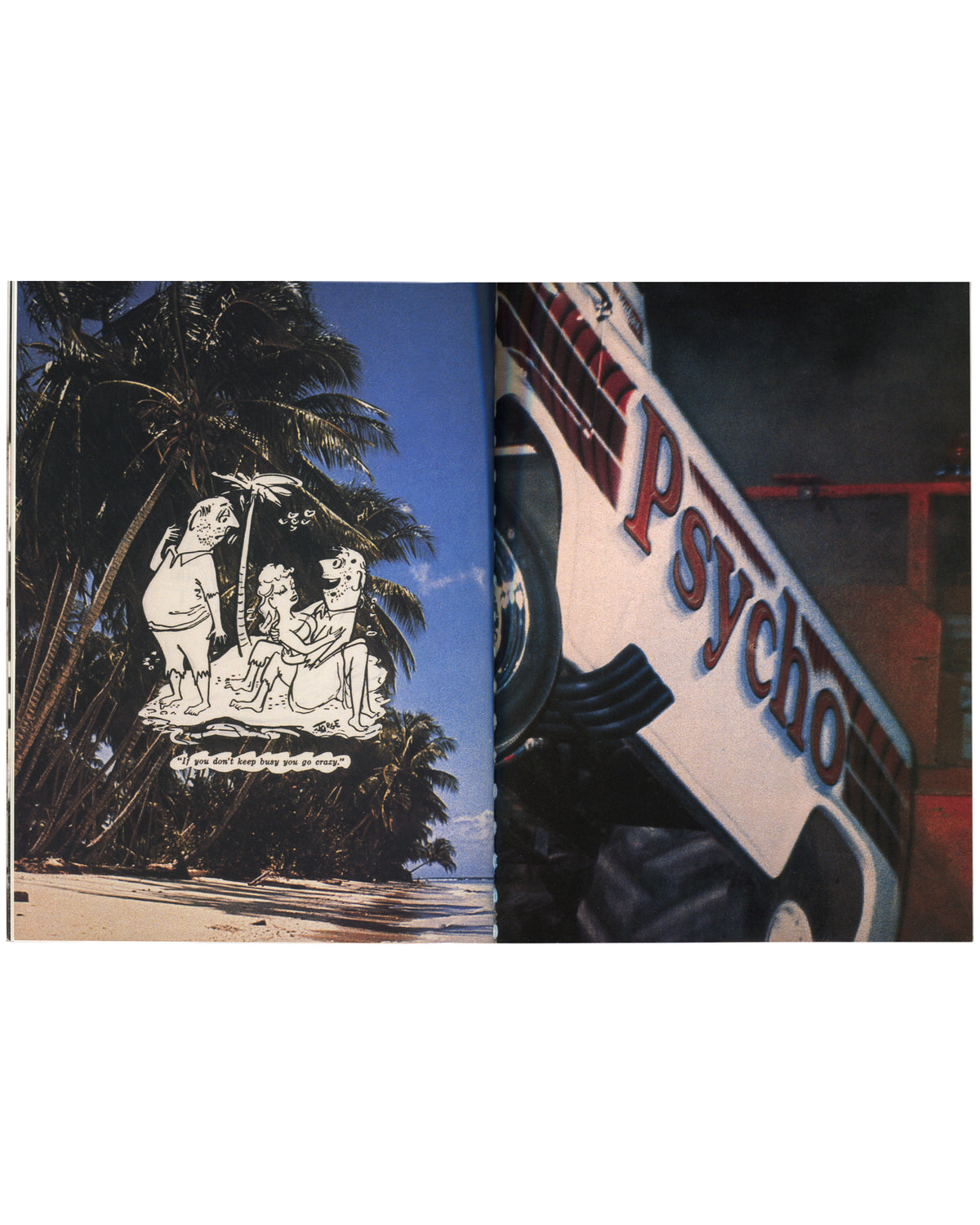 Richard Prince 1988, interior: desert island cartoon left; close-up of custom van lettered PSYCHO right