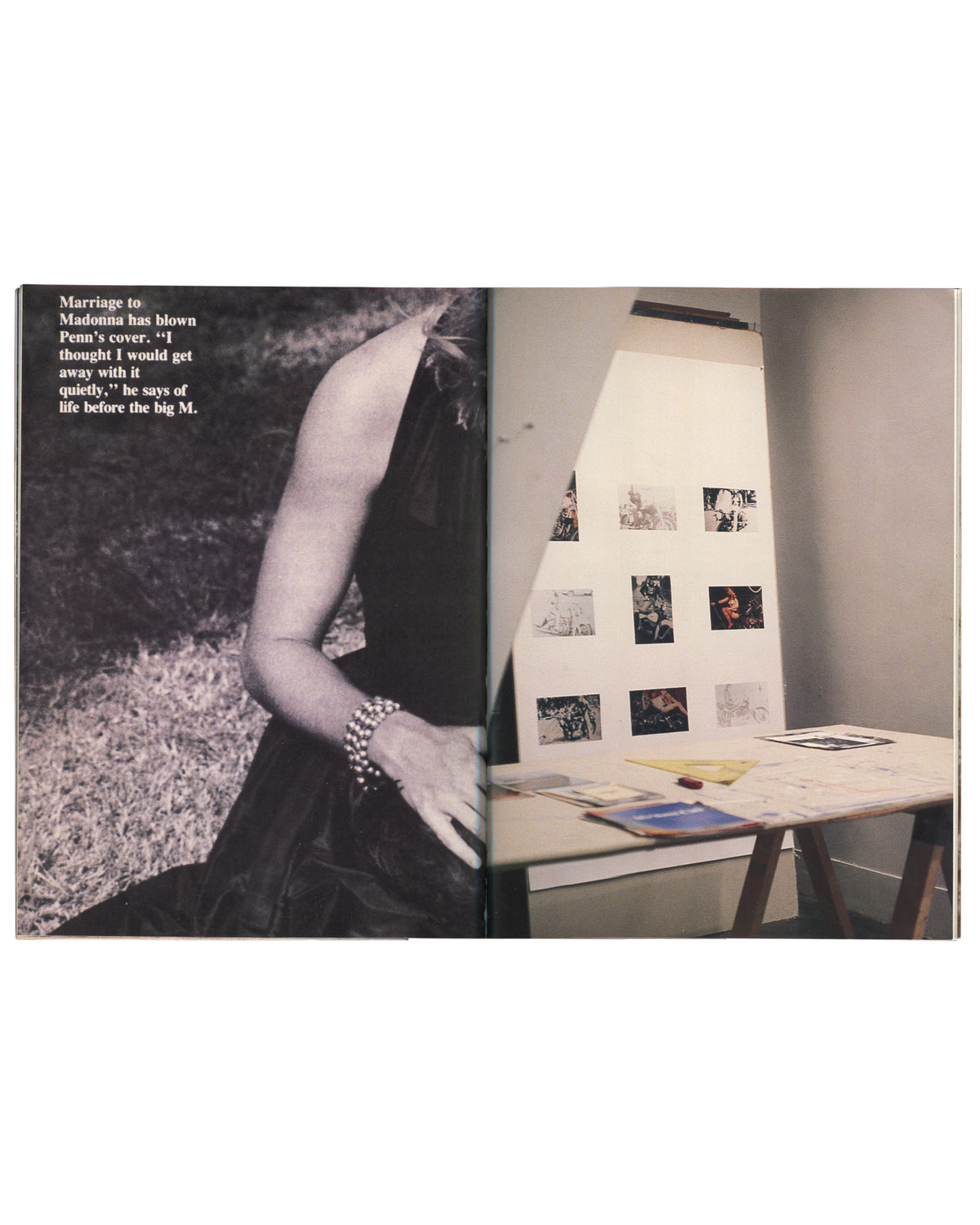 Richard Prince 1988, interior: Sean Penn b&w photograph left; studio trestle table with pinned photographs right