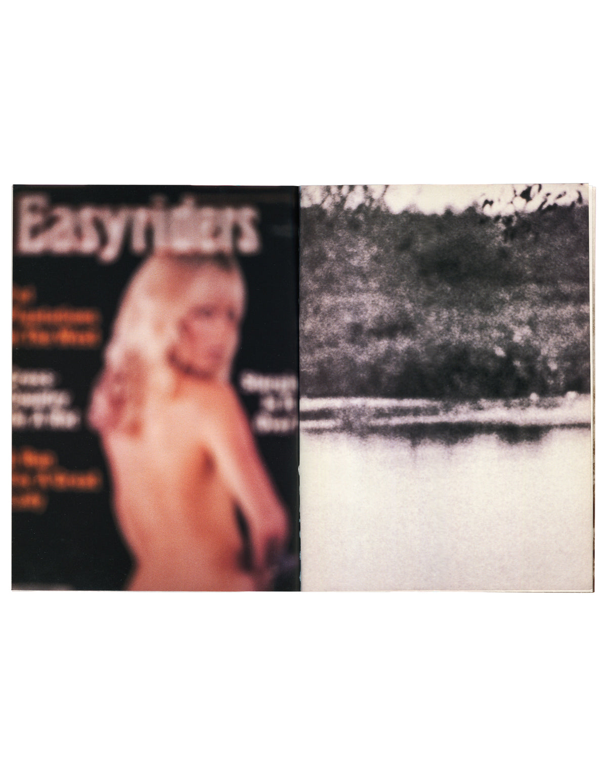 Richard Prince 1988, interior: blurred Easyriders magazine cover left; b&w river landscape right