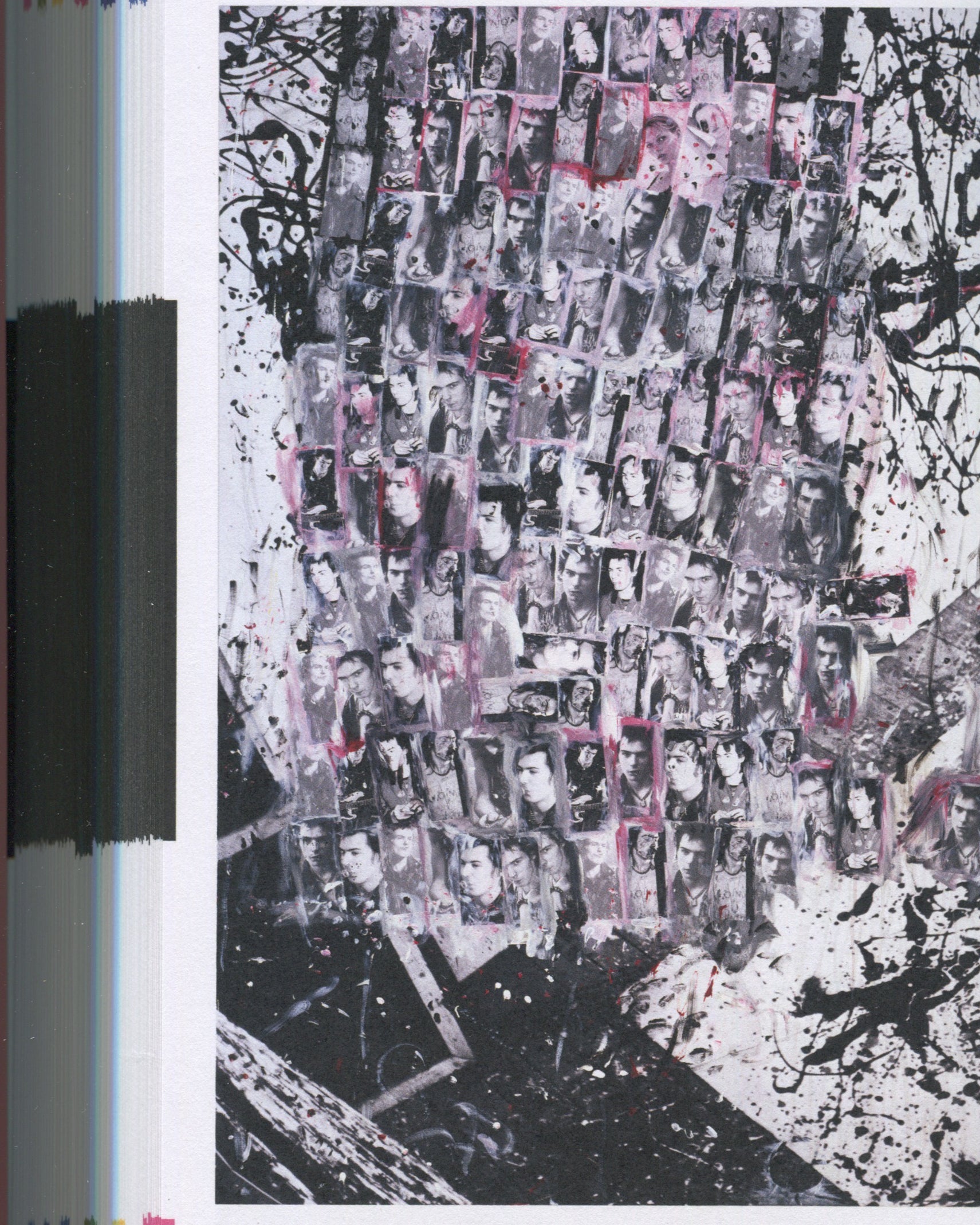 Richard Prince, American Prayer, 2011, interior, grid of black-and-white portraits with pink frames, ink splatter