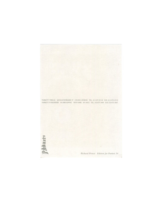 Reverse of 1992 Richard Prince Parkett 34 postcard showing plain cream card with Parkett Verlag and Parkett Publishers address block in small grey type — Quellenstrasse 27, CH-8005 Zürich and 636 Broadway, New York NY 10012 — with the Parkett logotype in gothic script bottom left and the caption 'Richard Prince Edition for Parkett 34' bottom right.