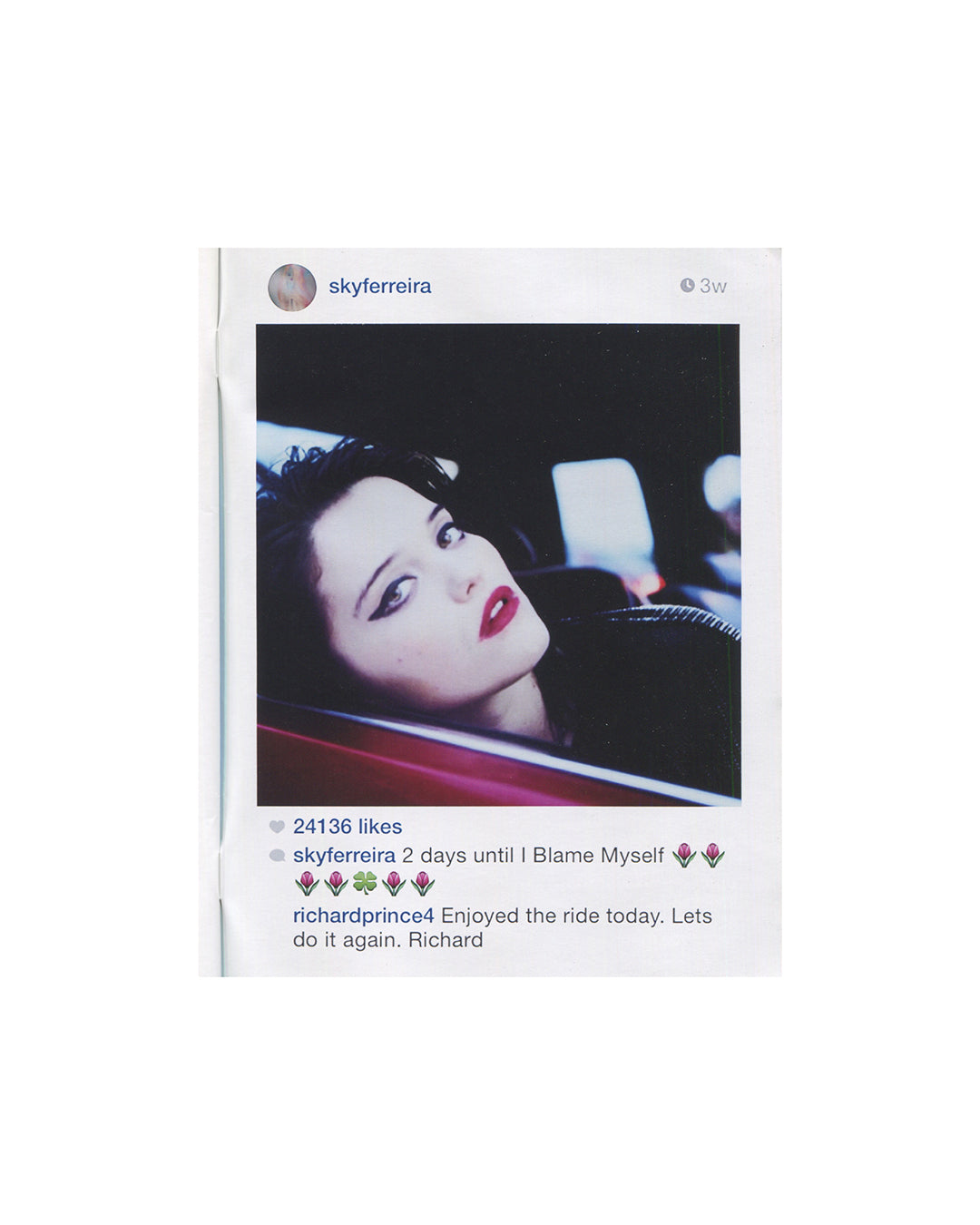 Richard Prince — New Portraits, Gagosian Gallery, 2014. Interior spread: Instagram screenshot @skyferreira, 3 weeks. Woman with dark hair and red lips reclined in a car, looking upward. 24,136 likes. Original caption: '2 days until I Blame Myself.' Prince's comment: 'Enjoyed the ride today. Lets do it again. Richard.' Appropriation art, found image.