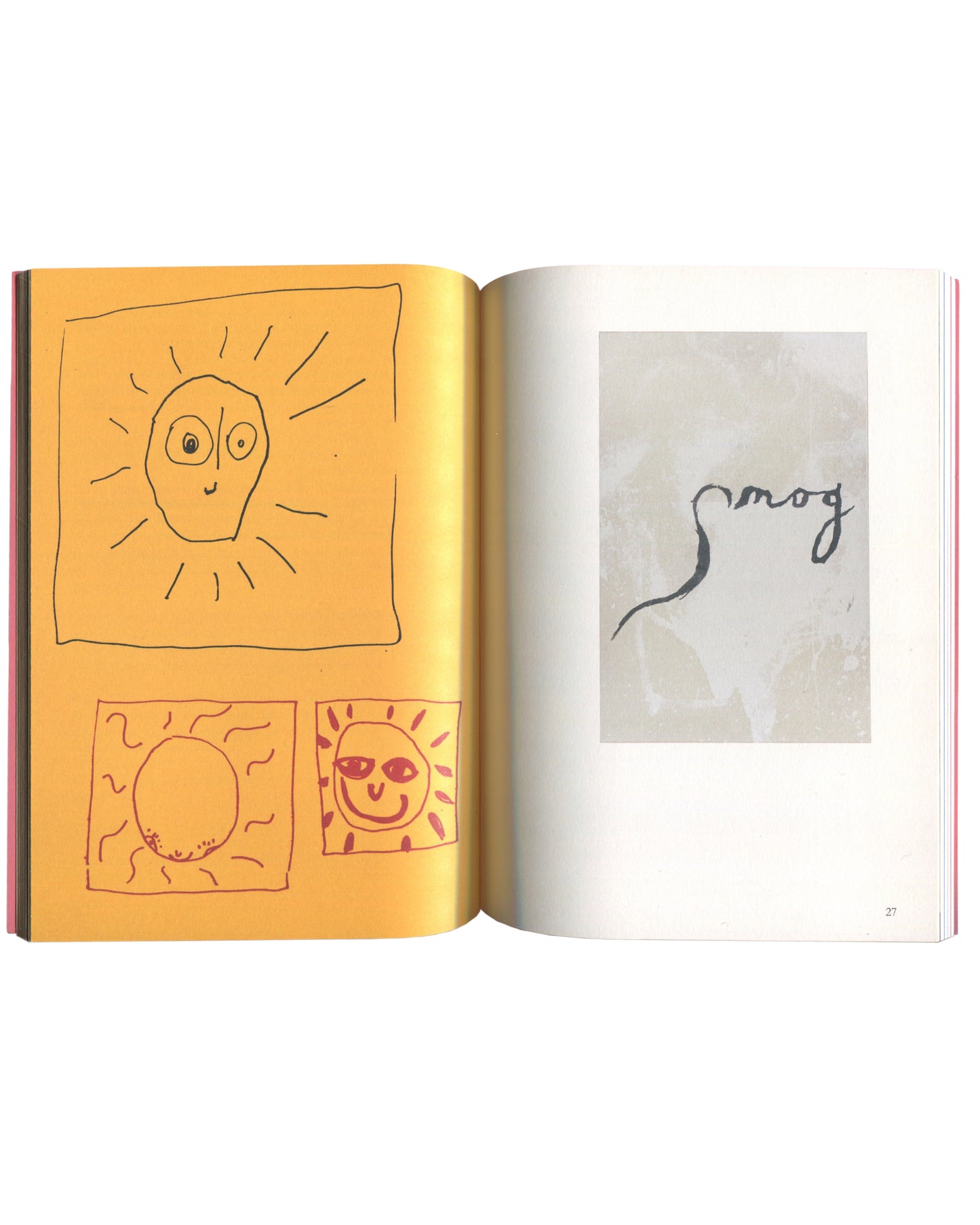 Walter Dahn, 4th Time Around, 2013, interior spread, sun drawings on yellow ground, smog text work on grey ground, p.27 