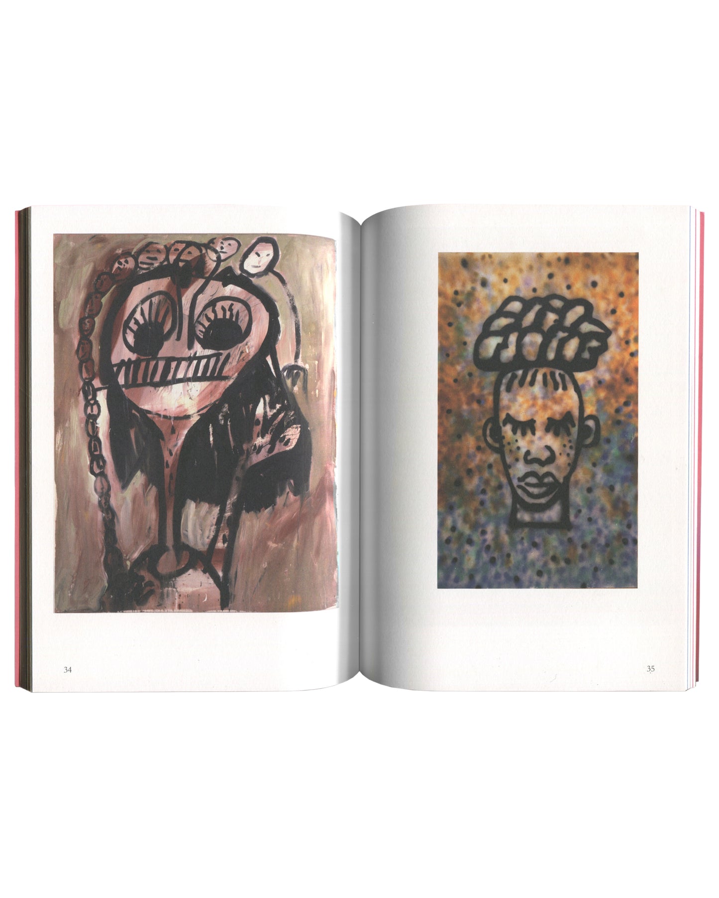 Walter Dahn, 4th Time Around, 2013, interior spread, two figurative paintings, chained mask and dotted portrait, pp.34–35 
