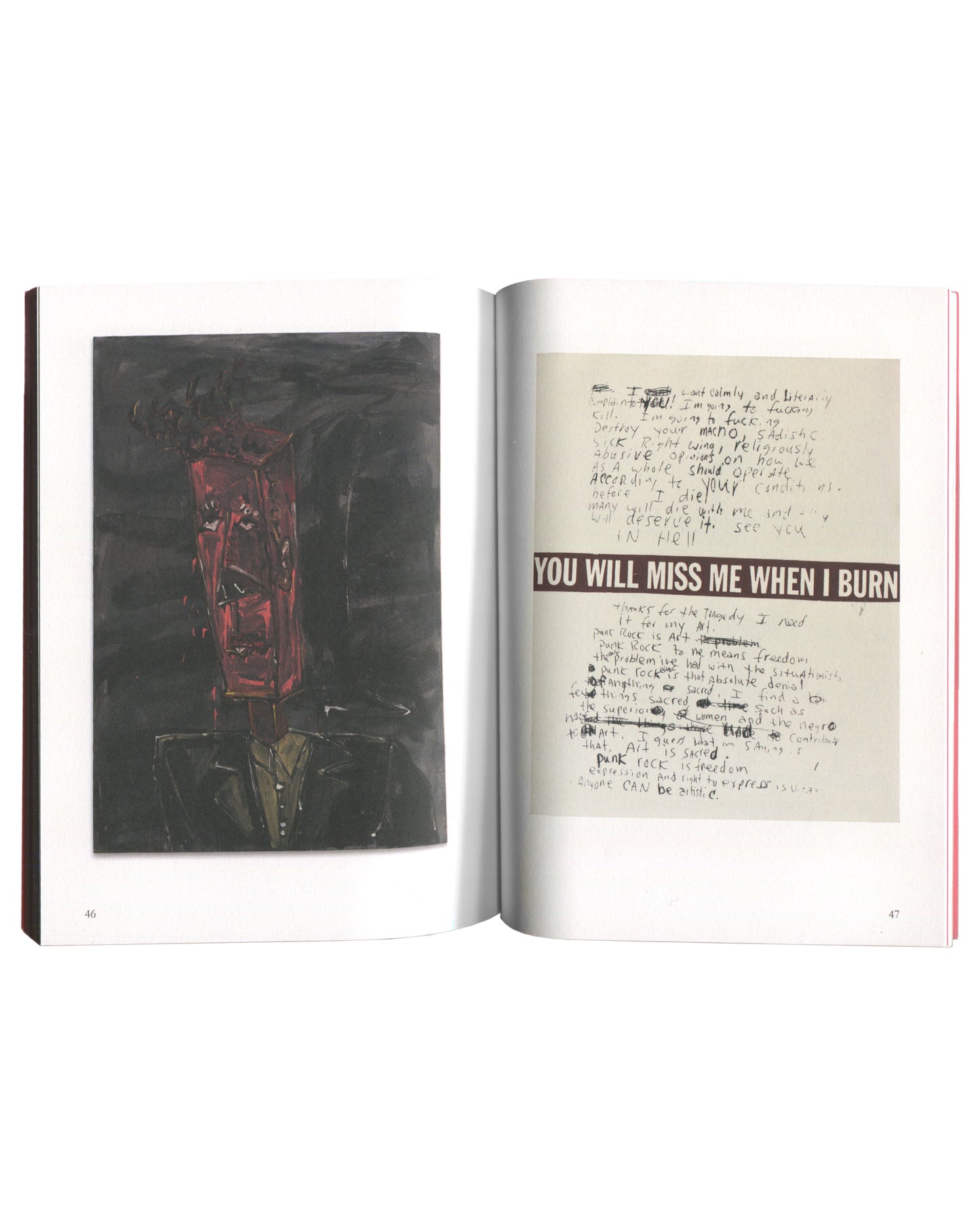 Walter Dahn, 4th Time Around, 2013, interior spread, dark portrait painting and YOU WILL MISS ME WHEN I BURN text, pp.46–47 