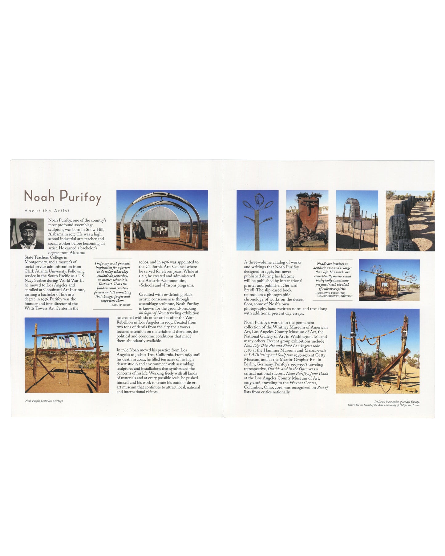 Noah Purifoy Foundation museum brochure, Joshua Tree, c. 2022, interior spread, showing at left the About the Artist panel with a small portrait photograph of Purifoy, biographical text, a pull quote, and six colour photographs of desert assemblage sculptures; at right the Noah Purifoy Foundation panel with mission statement, volunteer opportunities, and additional sculpture photographs.