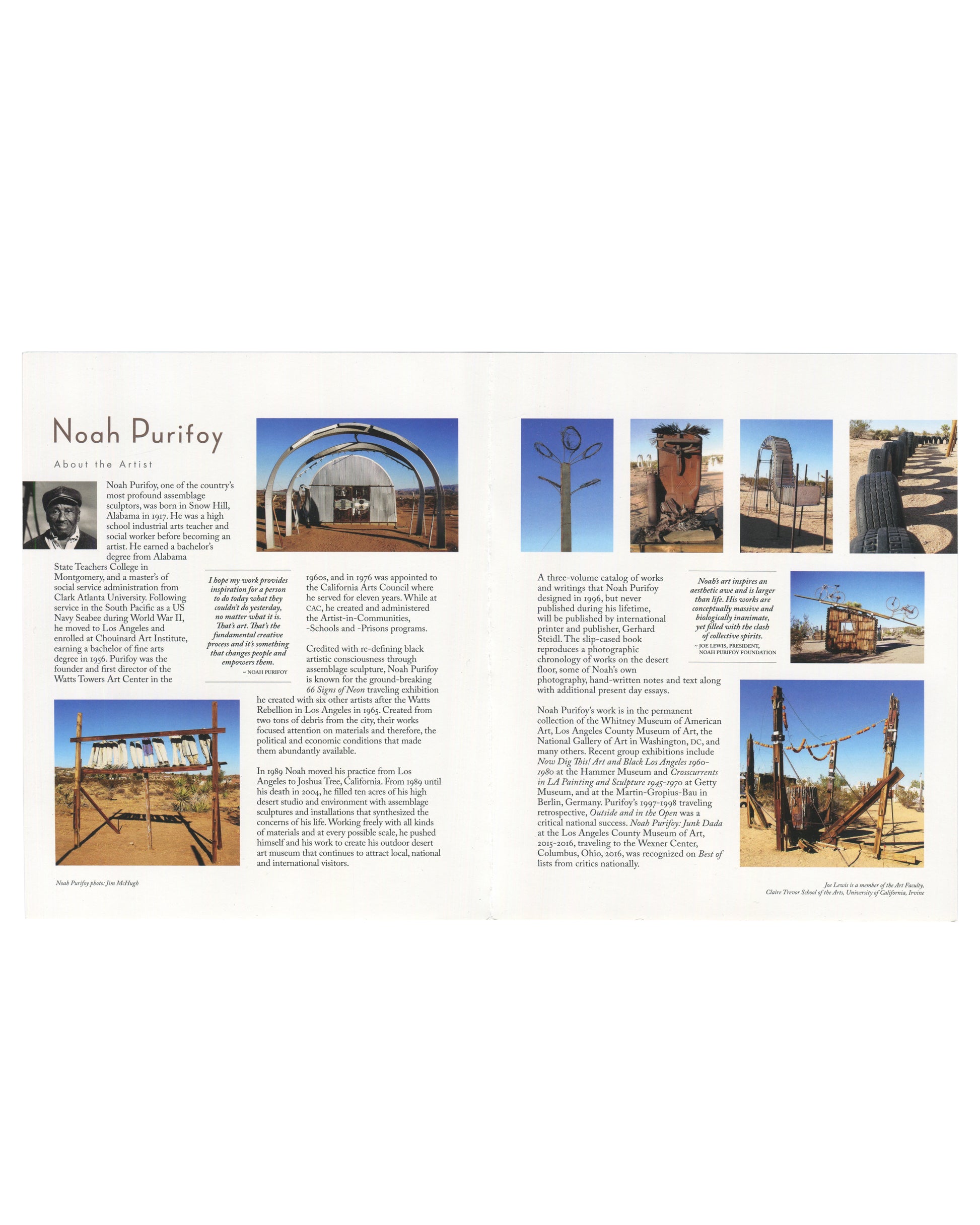 Noah Purifoy Foundation museum brochure, Joshua Tree, c. 2022, interior spread, showing at left the About the Artist panel with a small portrait photograph of Purifoy, biographical text, a pull quote, and six colour photographs of desert assemblage sculptures; at right the Noah Purifoy Foundation panel with mission statement, volunteer opportunities, and additional sculpture photographs.
