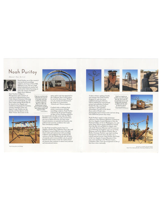 Noah Purifoy Foundation museum brochure, Joshua Tree, c. 2022, interior spread, showing at left the About the Artist panel with a small portrait photograph of Purifoy, biographical text, a pull quote, and six colour photographs of desert assemblage sculptures; at right the Noah Purifoy Foundation panel with mission statement, volunteer opportunities, and additional sculpture photographs.