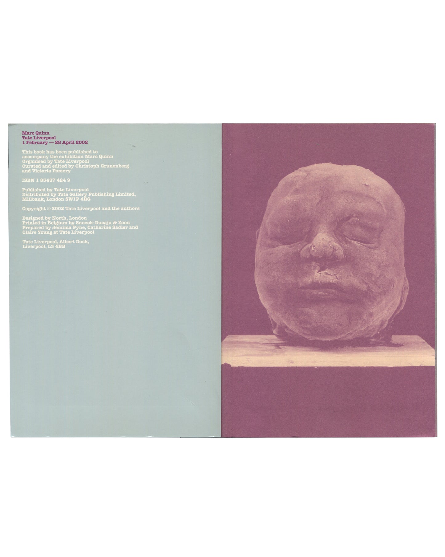 Marc Quinn, Tate Liverpool 2002, interior, copyright page and colour photograph of clay head sculpture on plinth, mauve ground
