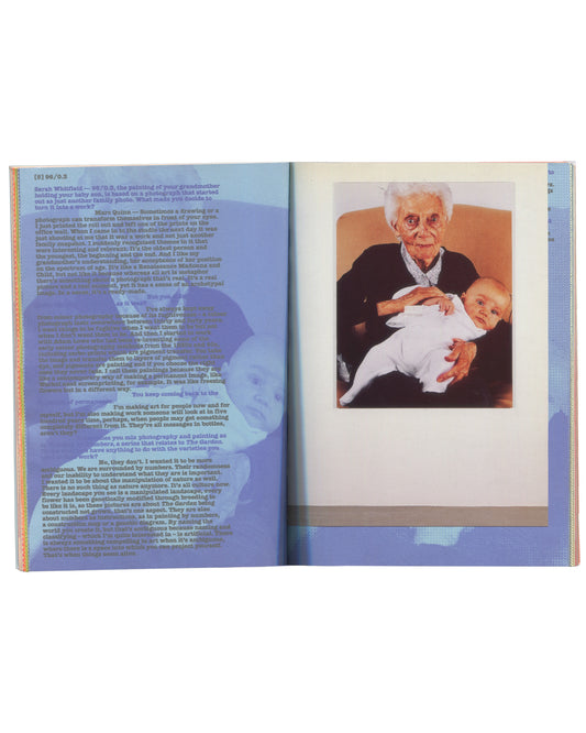 Marc Quinn, Tate Liverpool 2002, interior spread, conversation with Sarah Whitfield, colour photograph grandmother holding infant