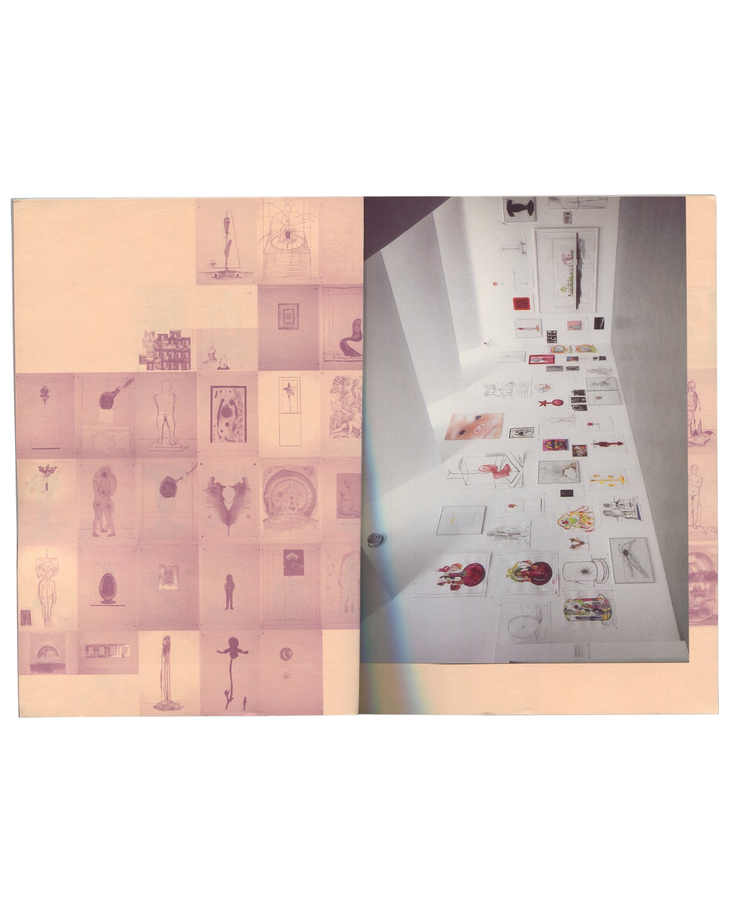 Marc Quinn, Tate Liverpool 2002, interior spread, grid of sculpture photographs and exhibition installation view, pale pink ground 