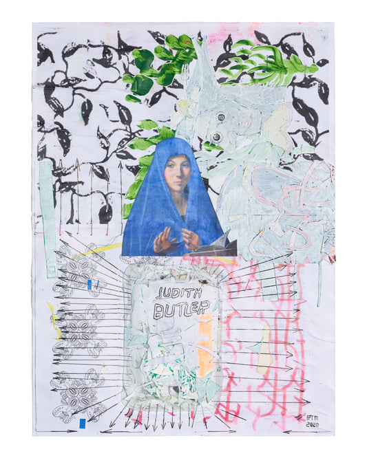 Rafael Melendez, Wool / Antonello / Butler, collage with a blue-veiled Virgin, black leaf patterns and “JUDITH BUTLER” lettering