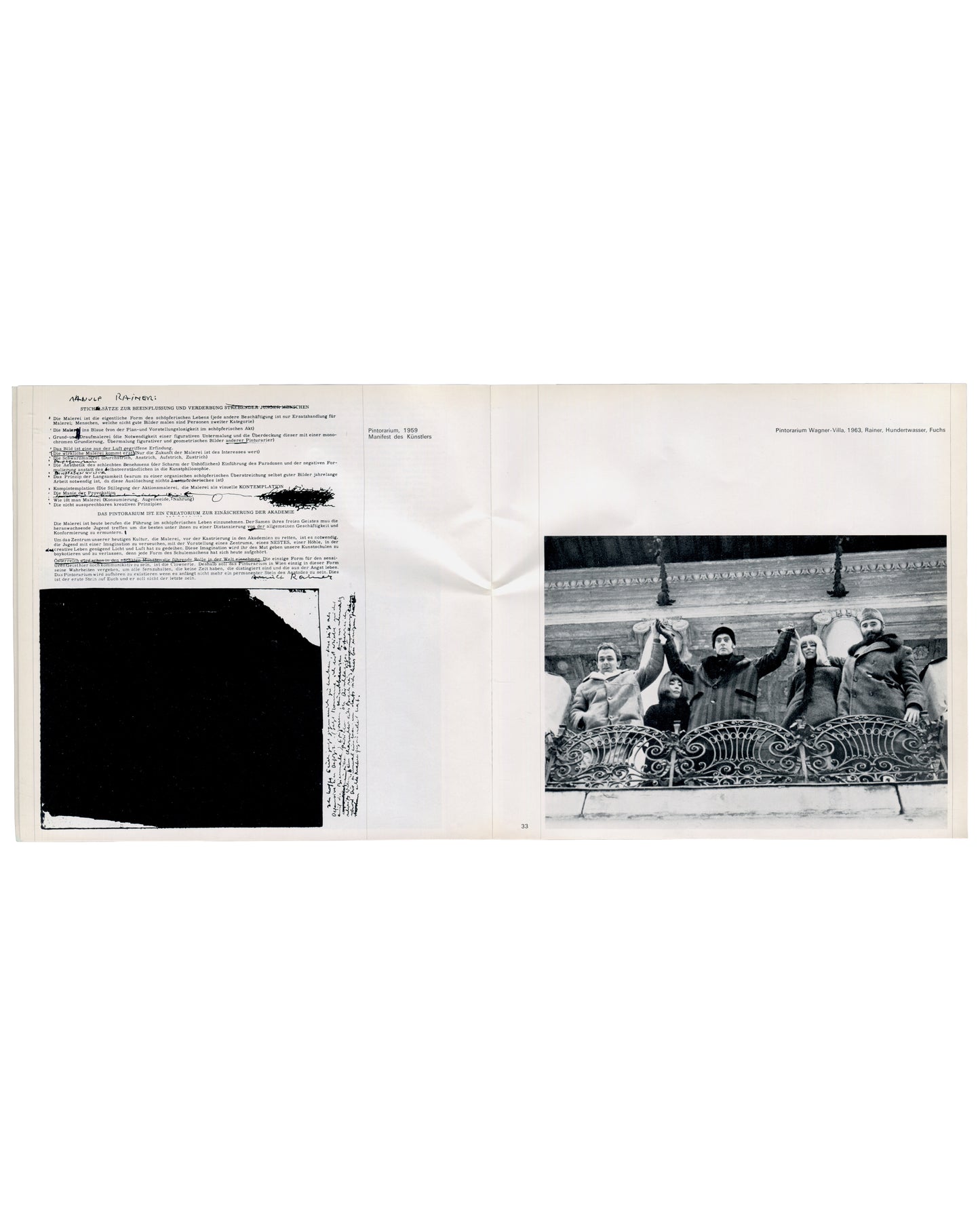 Arnulf Rainer, Museum des 20. Jahrhunderts, Werner Hofmann, 1968, interior spread, Pintorarium manifesto with overpainted text, Pintorarium-Aktion 1963 photograph
