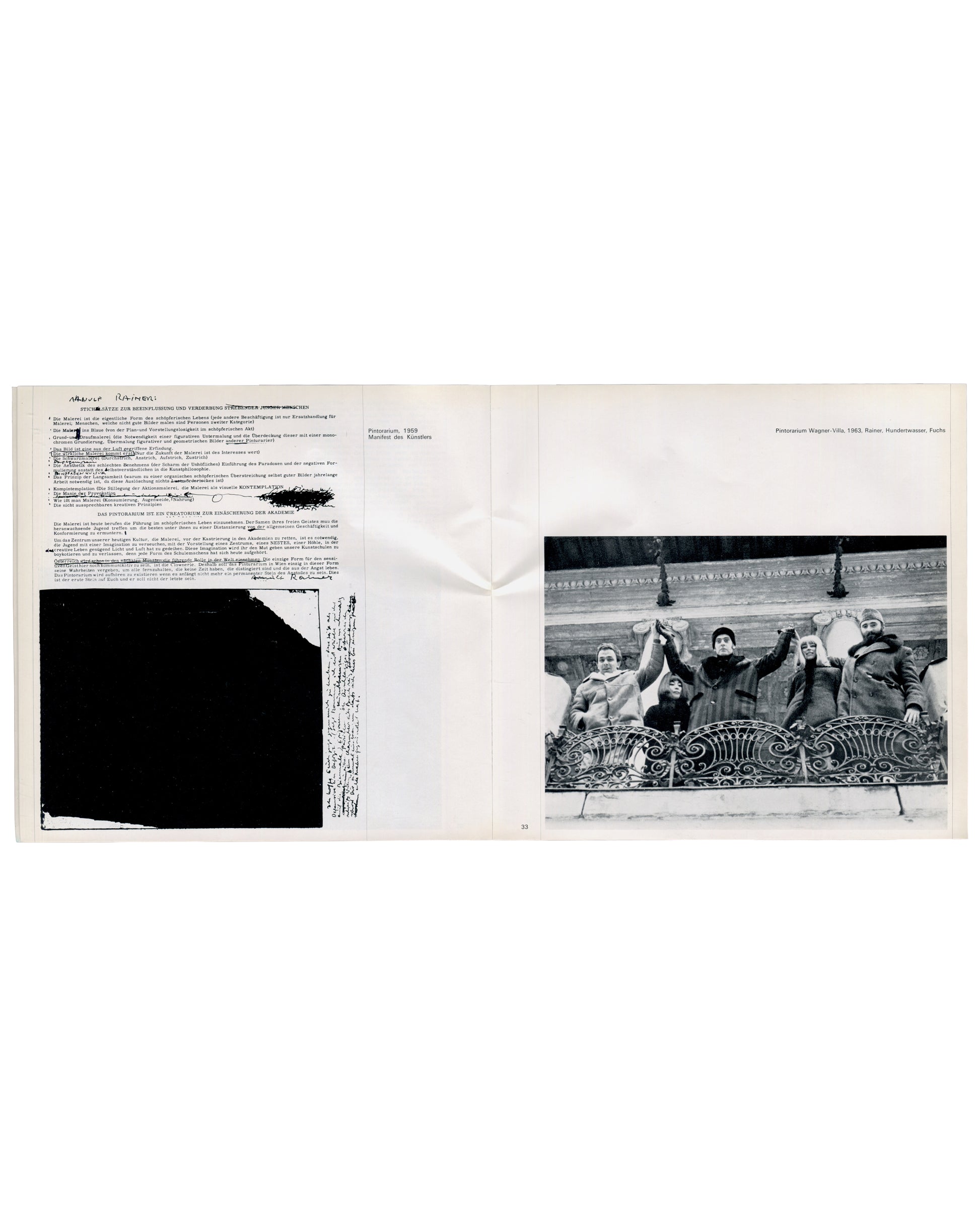 Arnulf Rainer, Museum des 20. Jahrhunderts, Werner Hofmann, 1968, interior spread, Pintorarium manifesto with overpainted text, Pintorarium-Aktion 1963 photograph