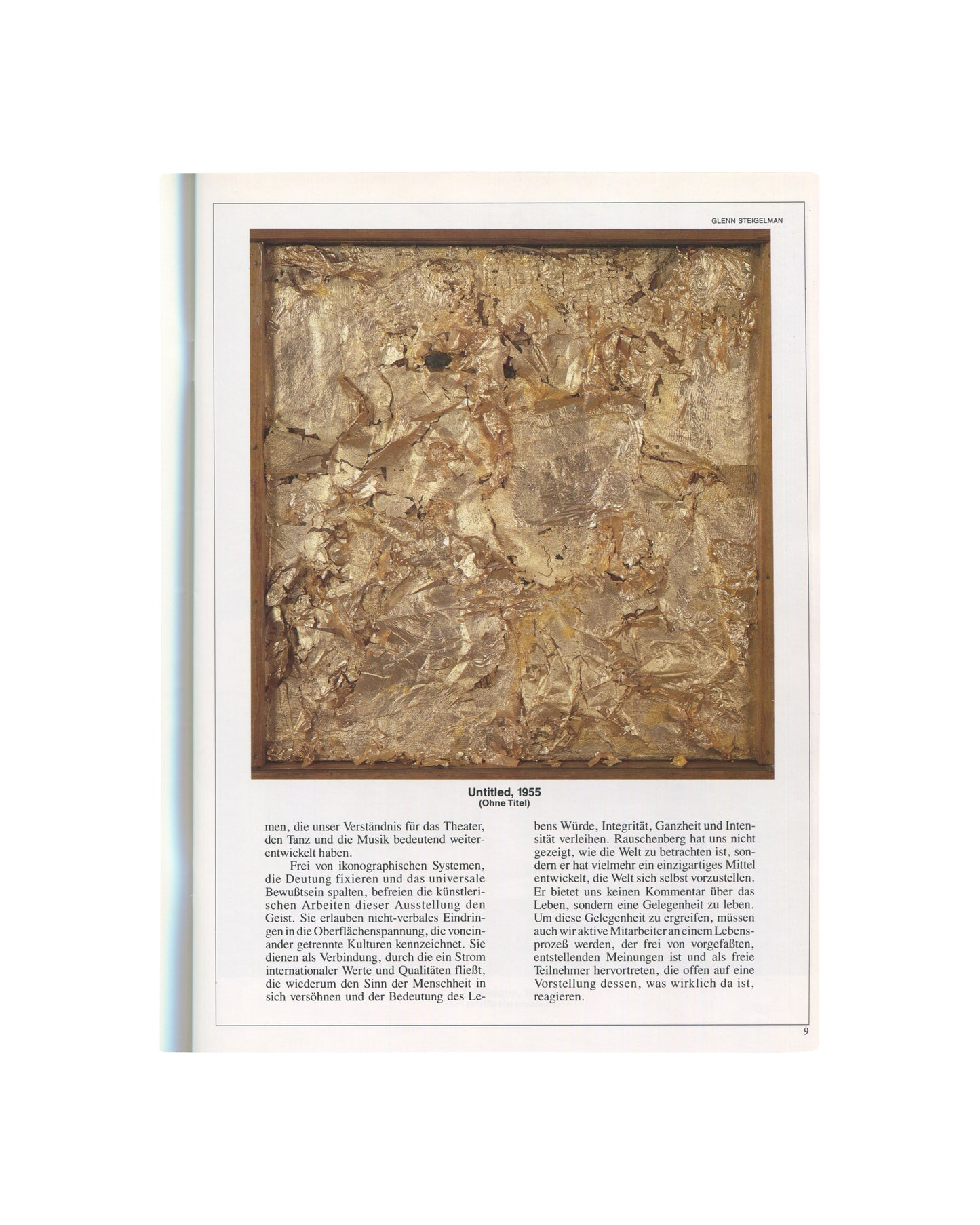 OCI interior p.9. Untitled, 1955 — framed combine of crumpled gold foil, richly textured. Photo: Glenn Steigelman.