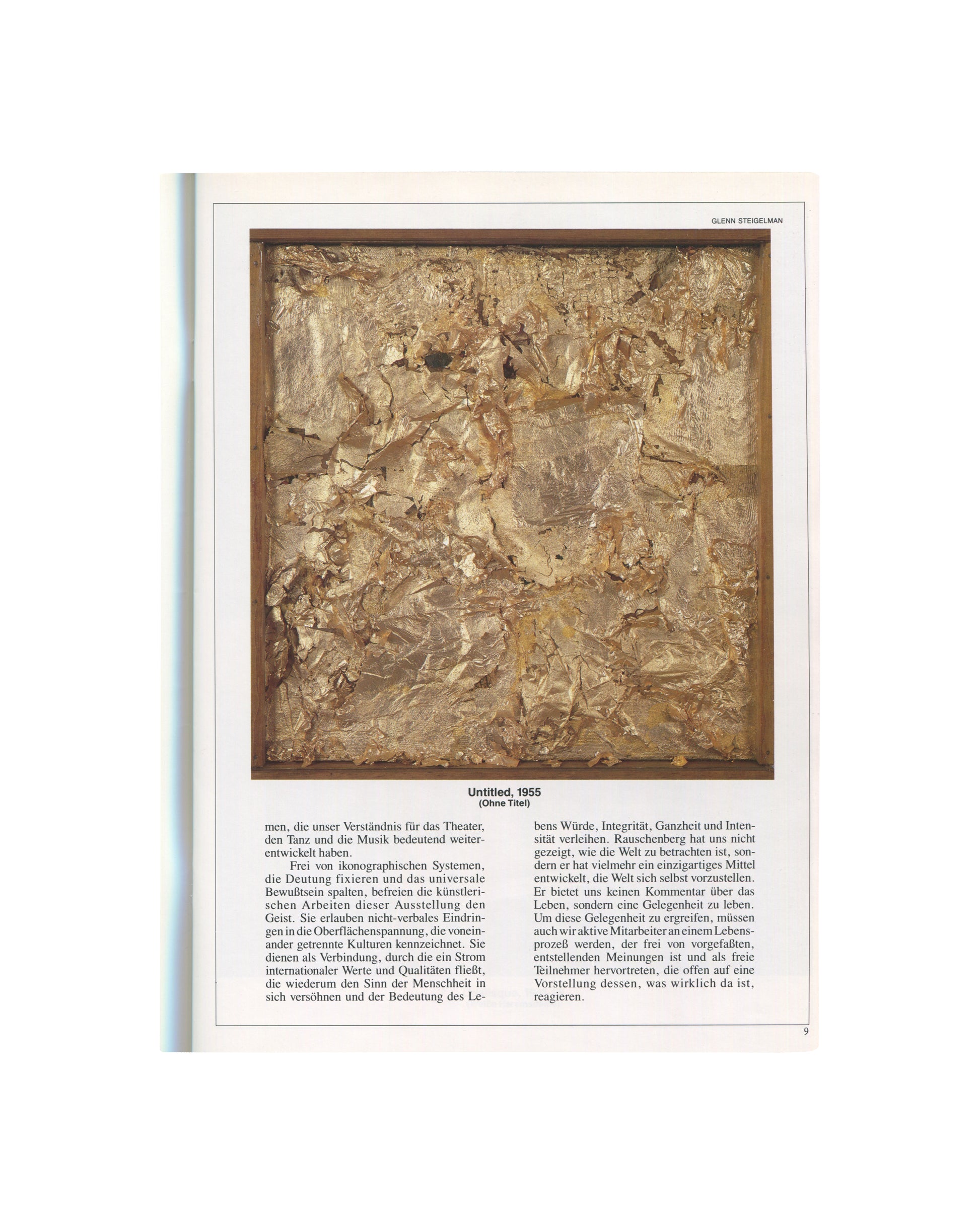 OCI interior p.9. Untitled, 1955 — framed combine of crumpled gold foil, richly textured. Photo: Glenn Steigelman.