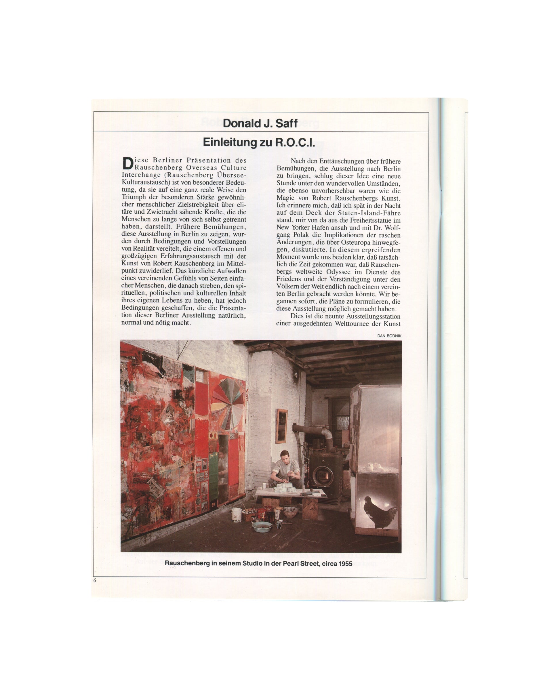 ROCI interior p.6. Donald J. Saff essay in German; black-and-white photo of Rauschenberg in Pearl Street studio, c.1955.
