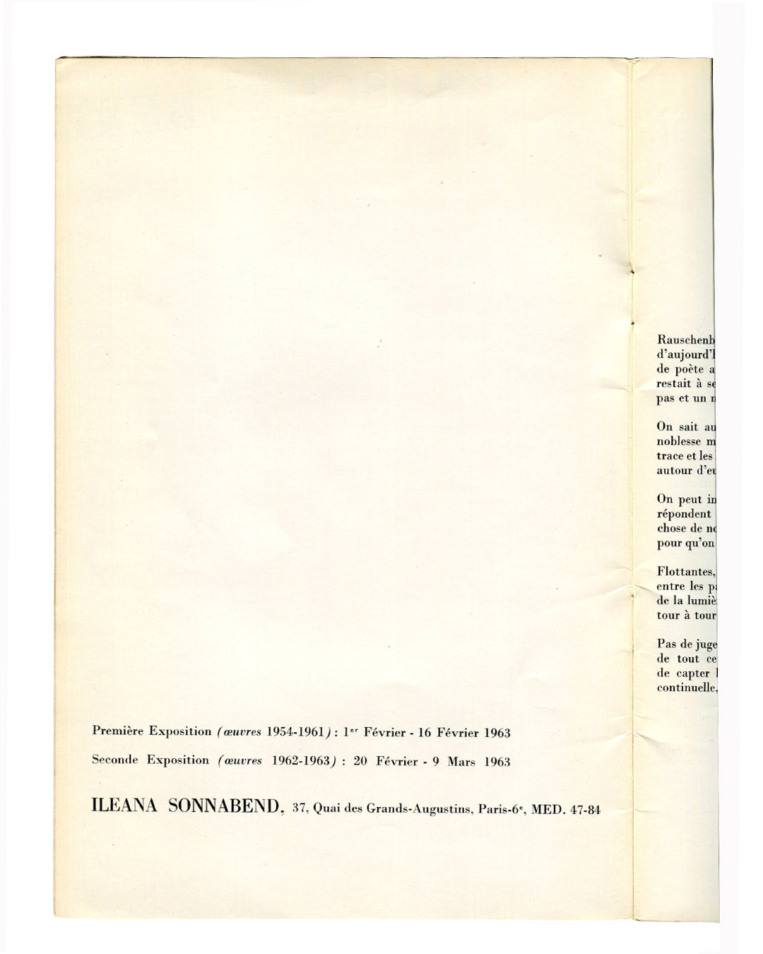 Robert Rauschenberg, Ileana Sonnabend Gallery, Paris, 1963 — back cover. Inserted checklist of works shown in Première Exposition and Seconde Exposition, February–March 1963. Lists Monogram (1955–59), Broadcast (1959), Charlene (1954), and further works with dimensions.