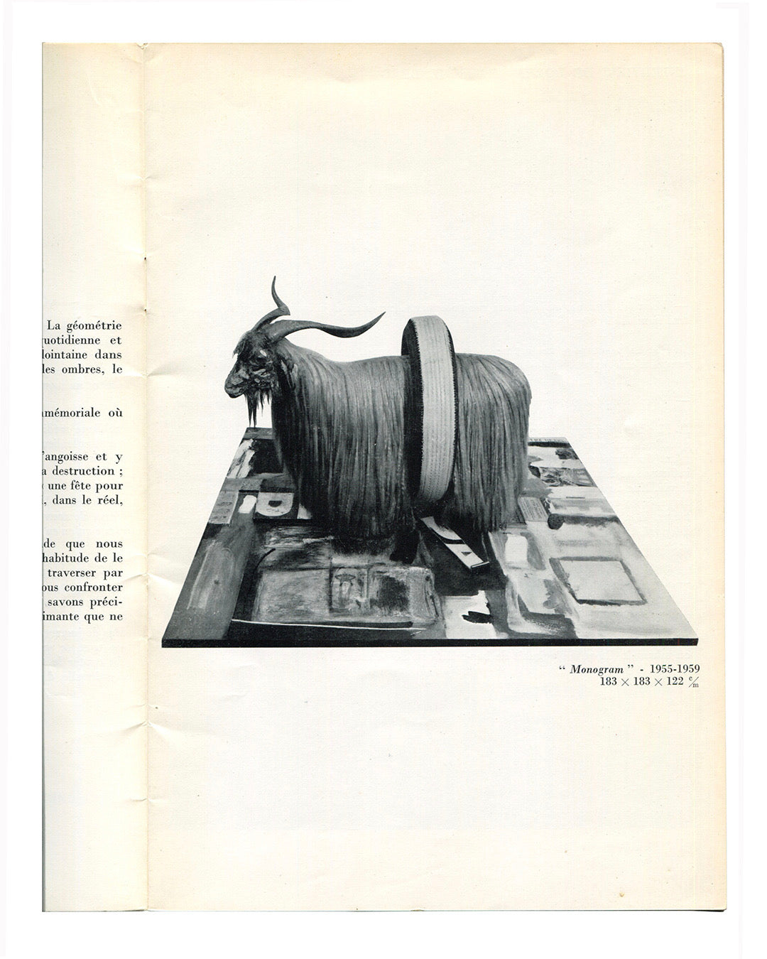 Robert Rauschenberg, Monogram, 1955–1959 — interior plate. Black and white photograph of the Combine: a taxidermied angora goat encircled by a rubber tyre, mounted on a painted flatbed base. Caption: "Monogram" · 1955–1959, 183 × 183 × 122 cm.