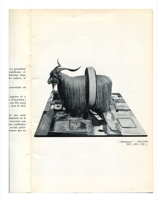 Robert Rauschenberg, Monogram, 1955–1959 — interior plate. Black and white photograph of the Combine: a taxidermied angora goat encircled by a rubber tyre, mounted on a painted flatbed base. Caption: "Monogram" · 1955–1959, 183 × 183 × 122 cm.