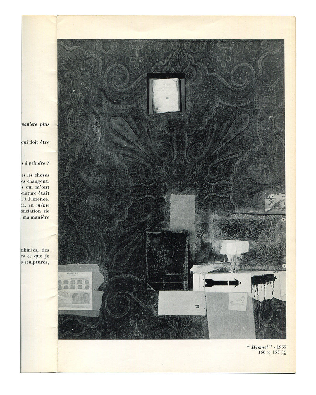 Robert Rauschenberg, Hymnal, 1955 — interior plate. Black and white photograph of a large Combine-Painting incorporating patterned fabric, collaged elements, and a recessed white square. Caption: "Hymnal" · 1955, 166 × 153 cm.